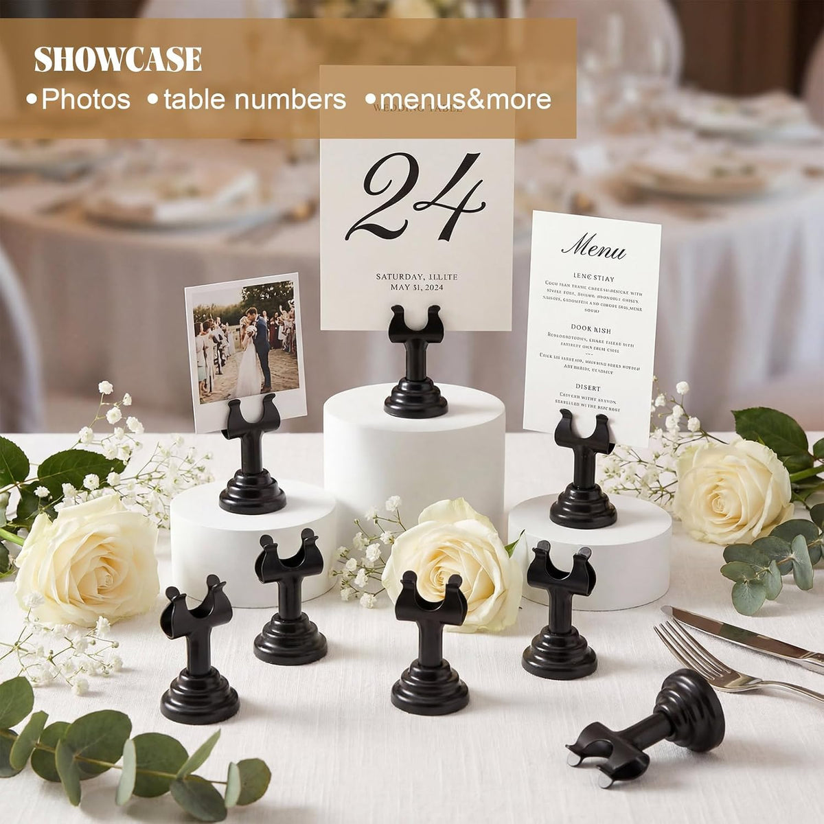 24 Pcs Black Table Number Holders Metal 1.8 in Place Card Holder | Harp Clip Place Cards Stands for Wedding Restaurant