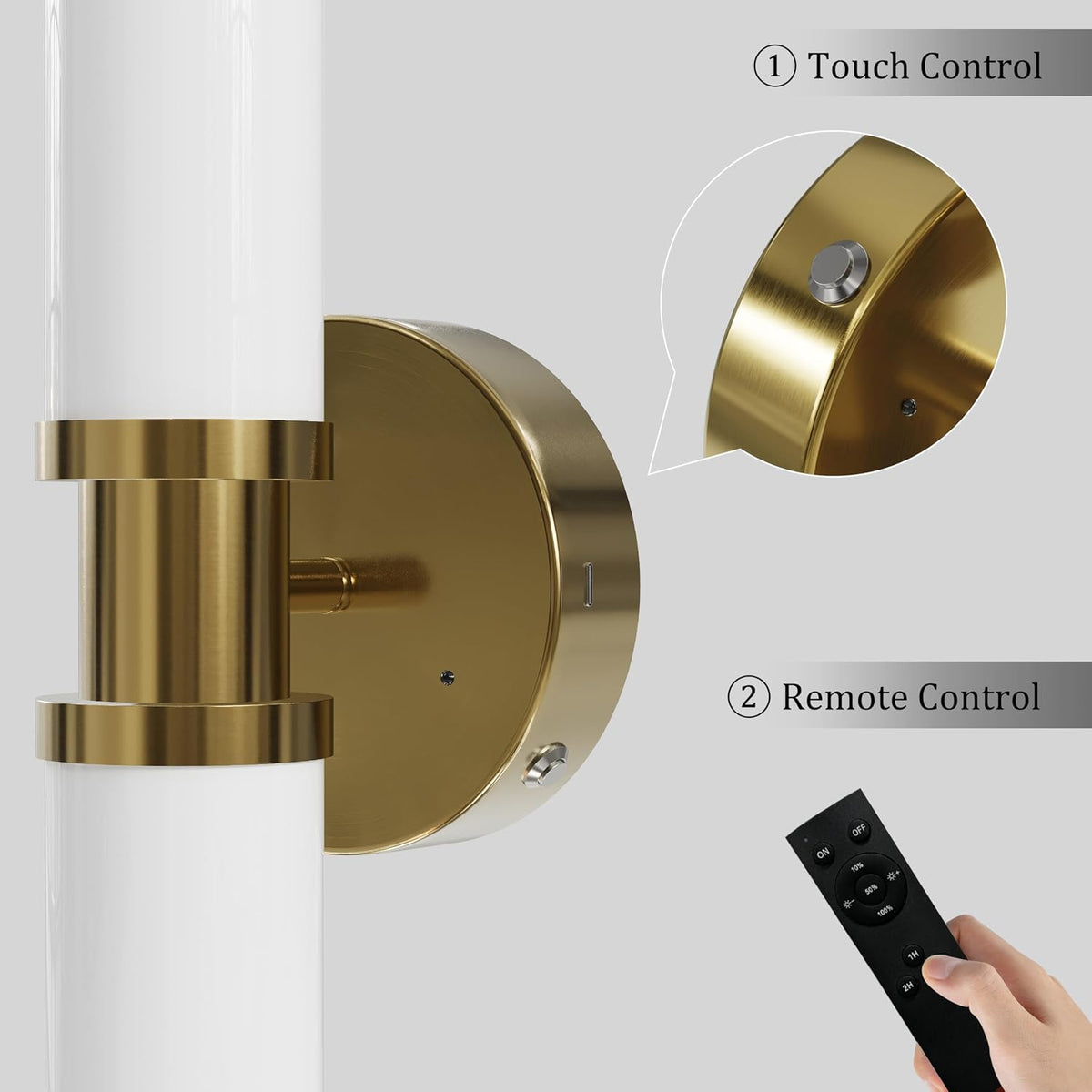 Rayogale Gold Wireless Battery Operated Wall Sconces with Remote Control | White Glass Rechargeable Wall Lights Set of