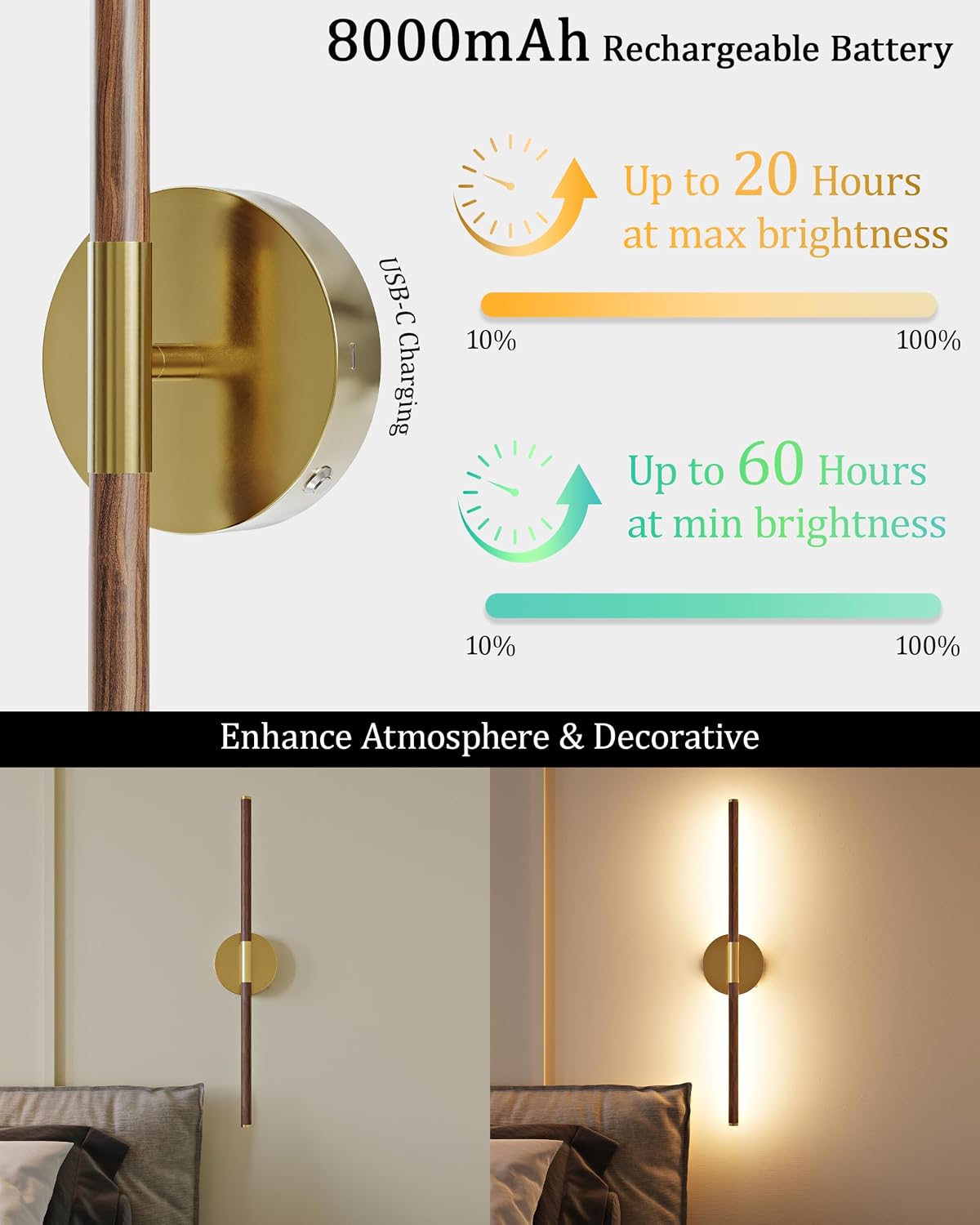 24" Battery Operated Wall Sconce Set of 2, 350° Rotating Lamp, Walnut Gold | Wireless, 8000mAh Rechargeable Battery