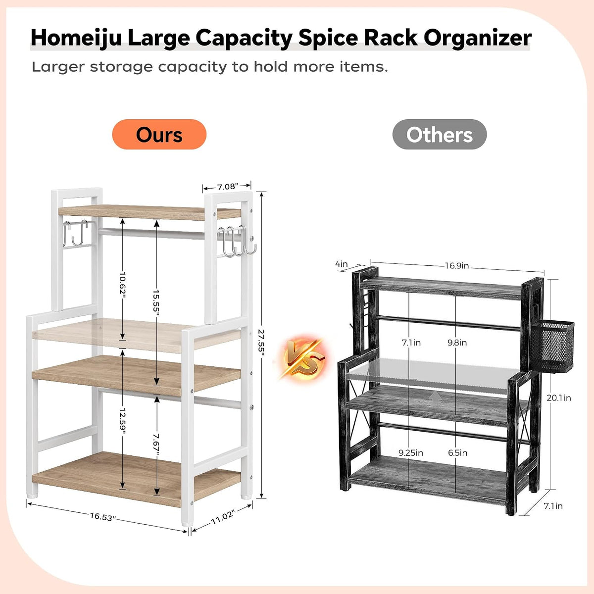 Kitchen Countertop Organizer, 3 Tier Large Spice Rack Organizer with Adjustable Shelf and 5 Hooks, Wooden Counter