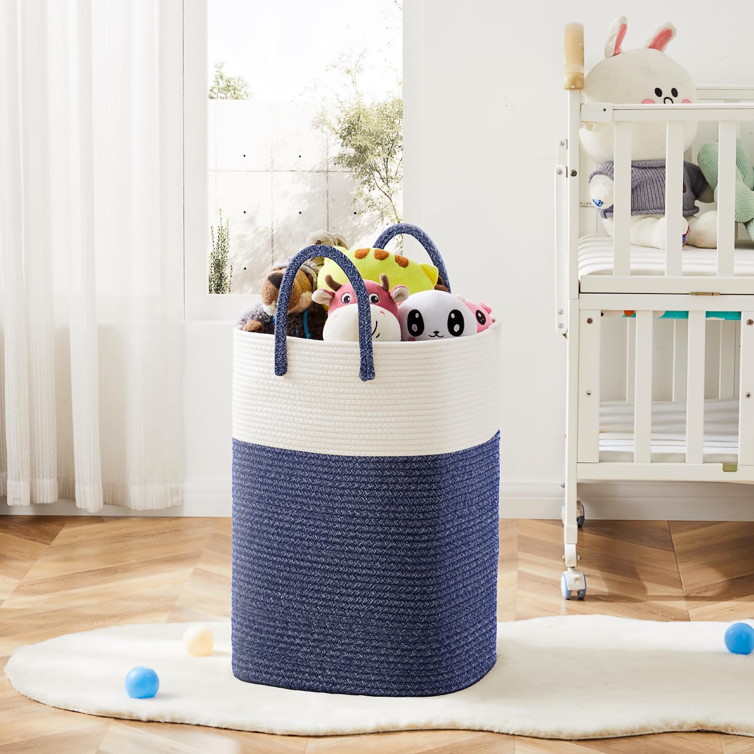 Laundry Basket / Woven Cotton Rope Laundry Hamper / 60L / Blue