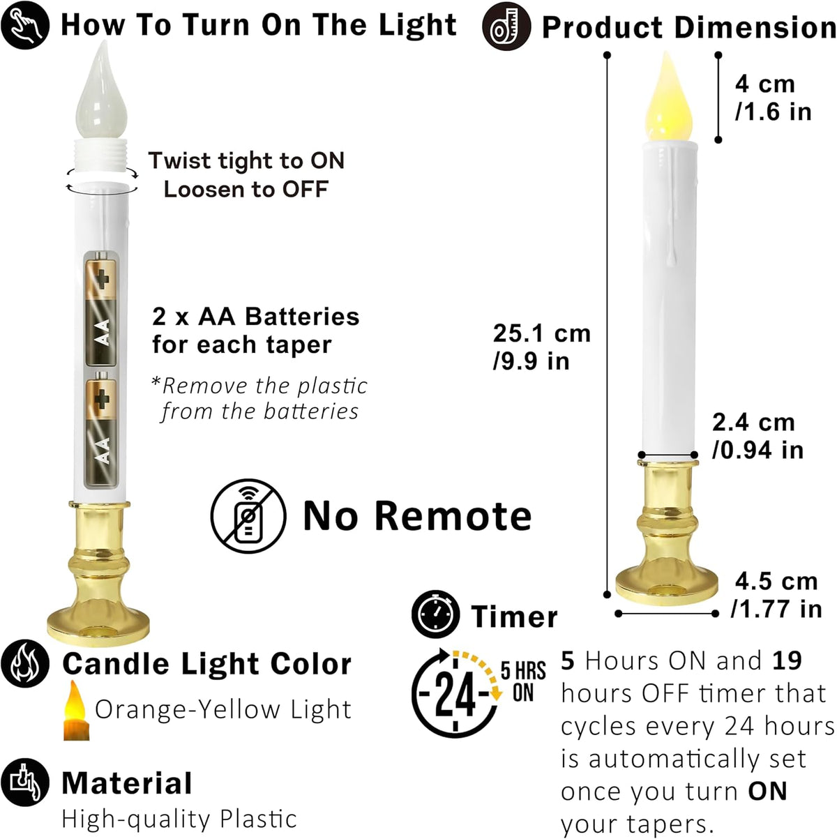White 9.9" LED Taper Candles w/Gold Holders, 6-Pack | White flameless taper candles with gold holders, 5/19 auto timer