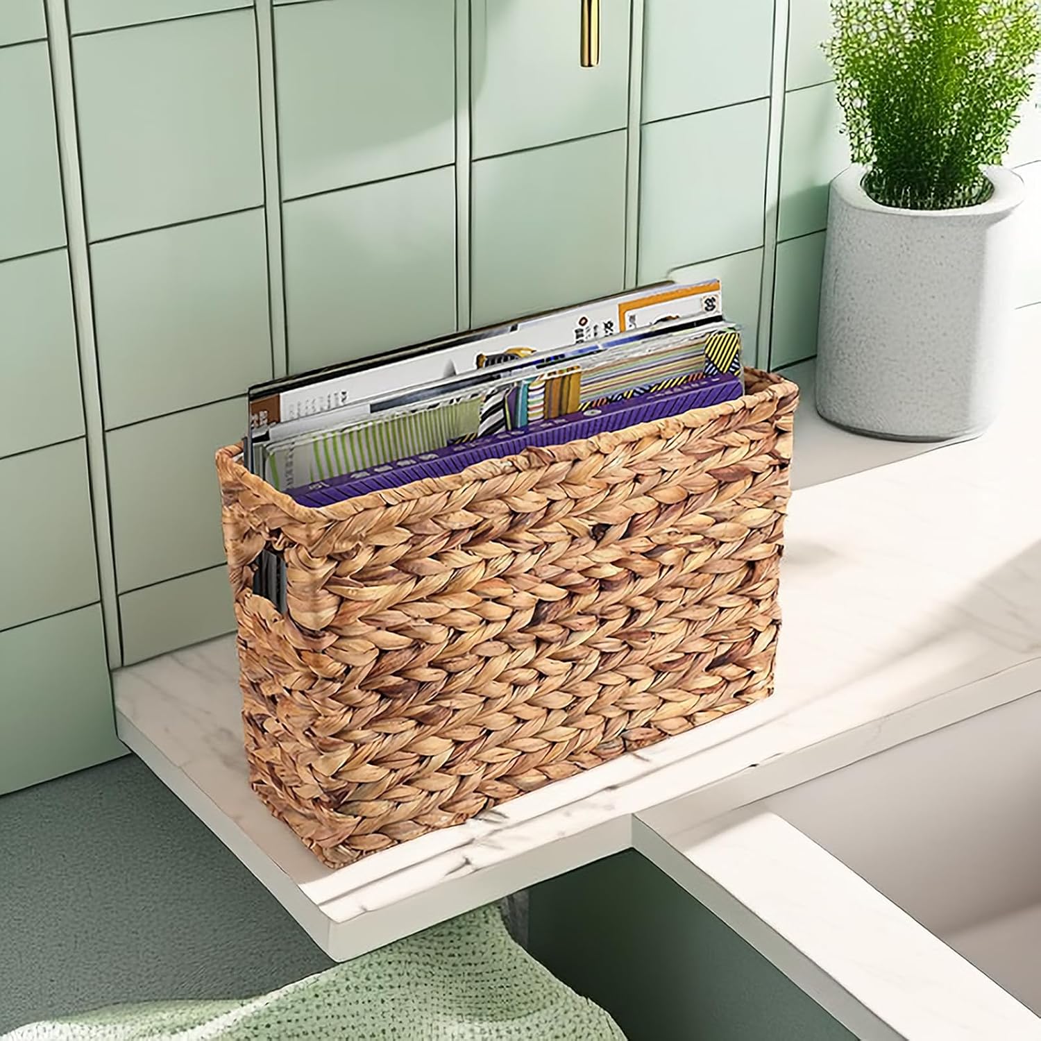 Yesland Hand-Woven Narrow Water Hyacinth Holder Wicker Basket, 15.5 x 5.5 x 9.75 Inch Decorative Magazine Storage
