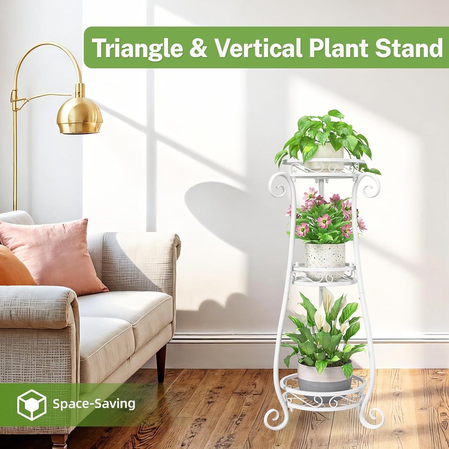 iDavosic.ly 3 Tier Tall Metal Plant Stand Outdoor Indoor, 34 Inch, White | Corner Flower Pot Holder Shelf, Wrought Iron