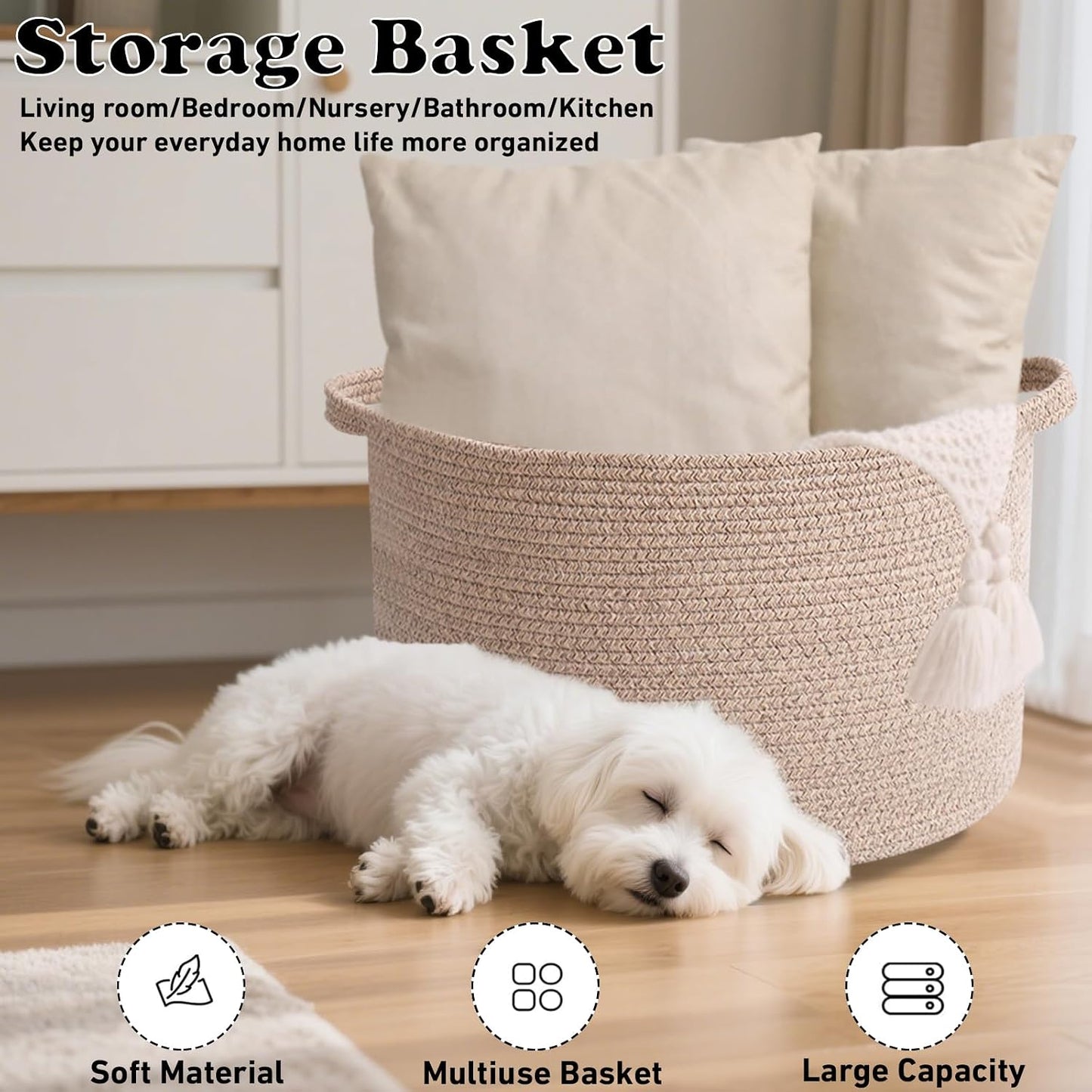Woven Rope Laundry Basket Hamper / Brown / 19.7"L x 19.7"W x 13"H
