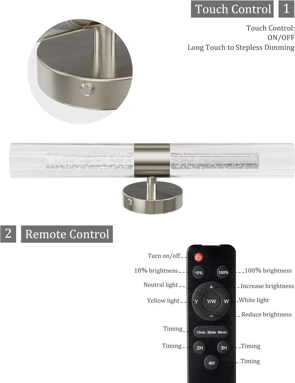 Nickel Wall Sconces Battery Operated with Remote Control, 21.5 Inch 3CCT | Rechargeable Wall Sconce with Timer