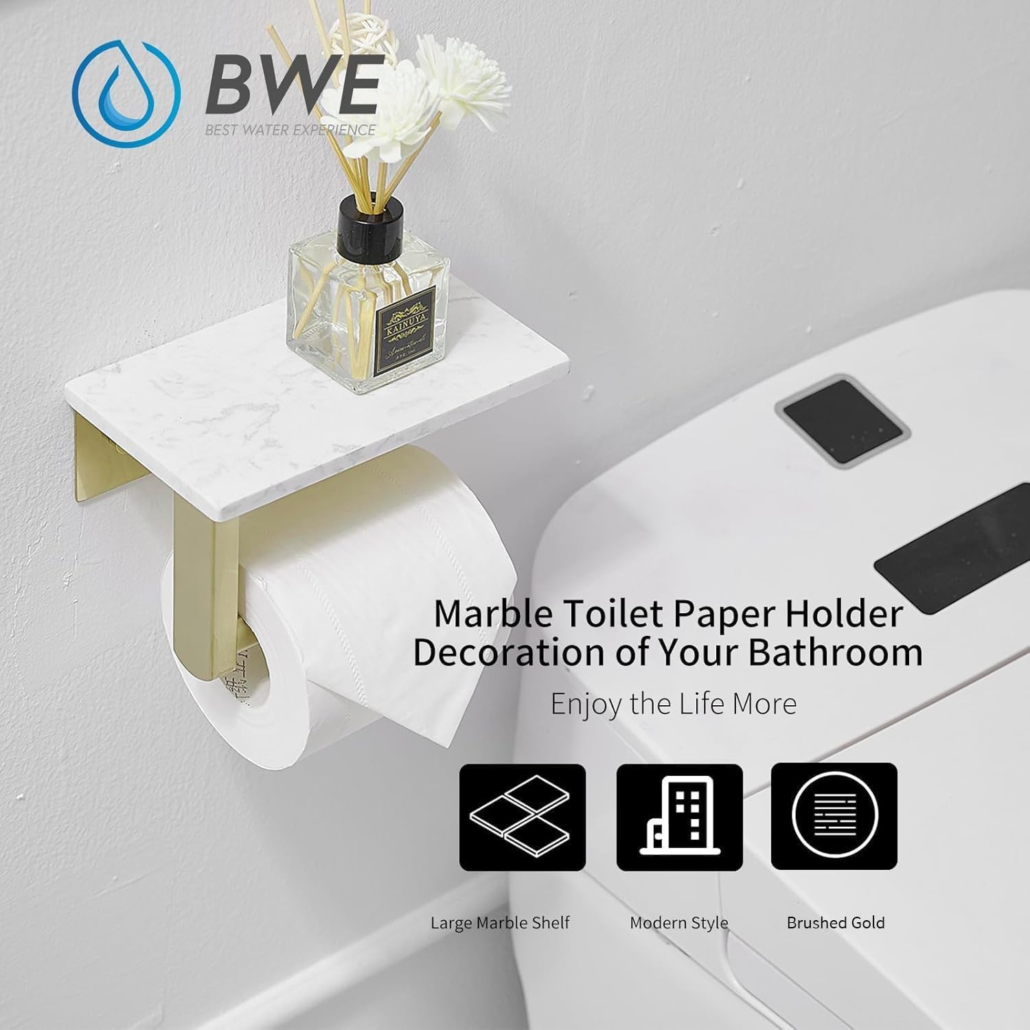 BWE Brushed Gold Toilet Paper Holder with Marble Shelf Wall Mounted | Toilet Paper Roll Holder with Phone Shelf 304