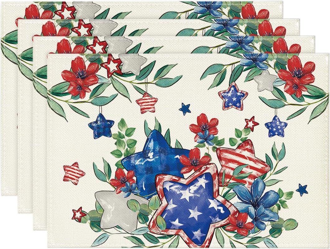 Memorial Day Patriotic 4th of July Placemats Set of 4,Red White and Blue Flowers Table Decor Veterans Day Independence Day Decorations and Supplies for Home Kitchen Table-12×18''