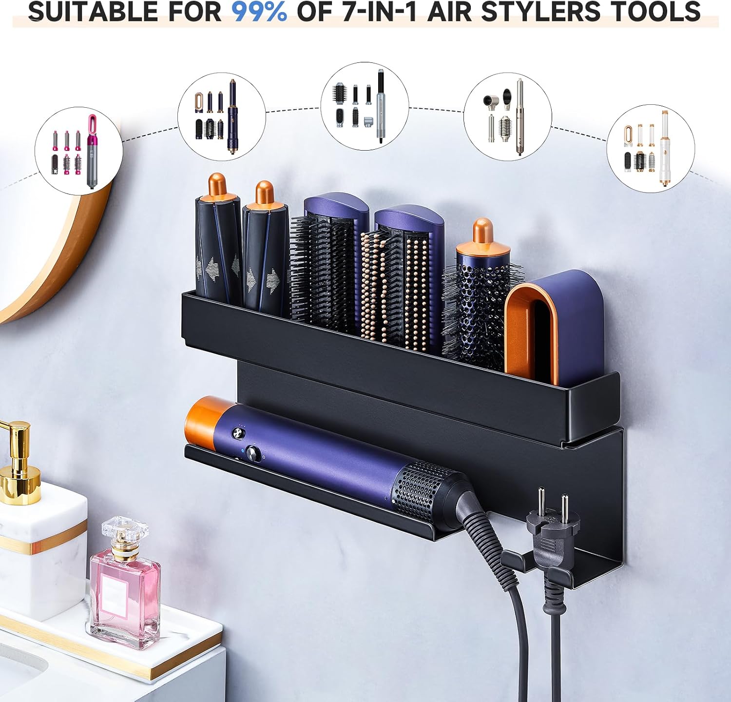 Storage Hair Dryer Holder for Curling Iron Accessories, Hair Tool Organizer Wall Mount, Curling Iron Holder Organizer