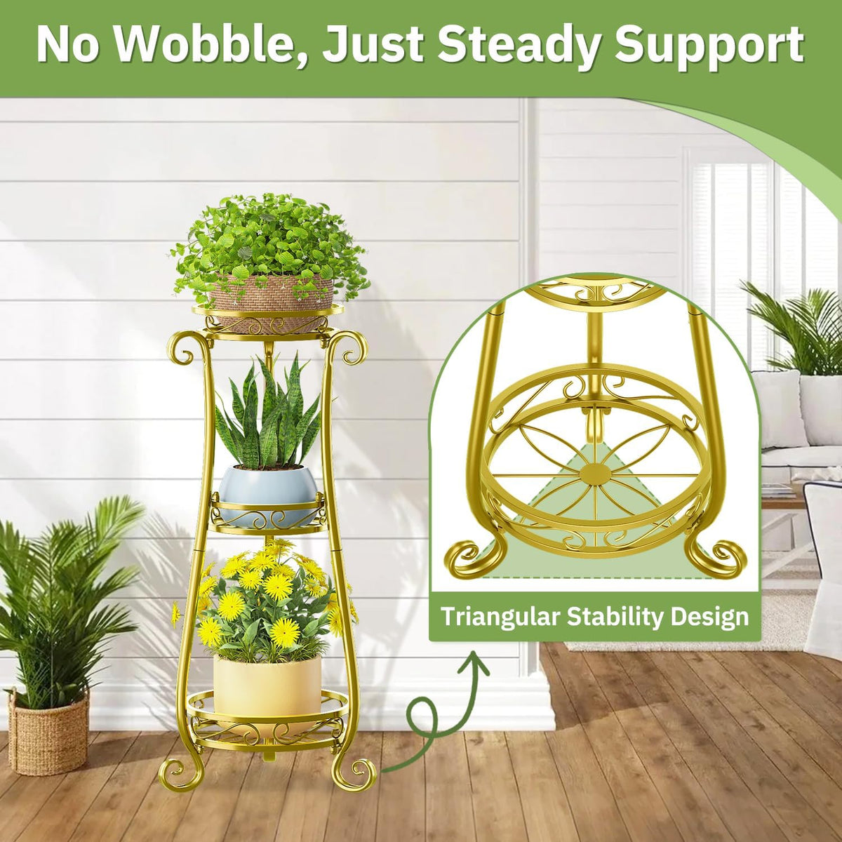 KMOTASUO 3 Tier Metal Plant Stand Tall for Indoor Outdoor Corner, Gold | Heavy Duty Flower Holder Rack, Modern Vertical