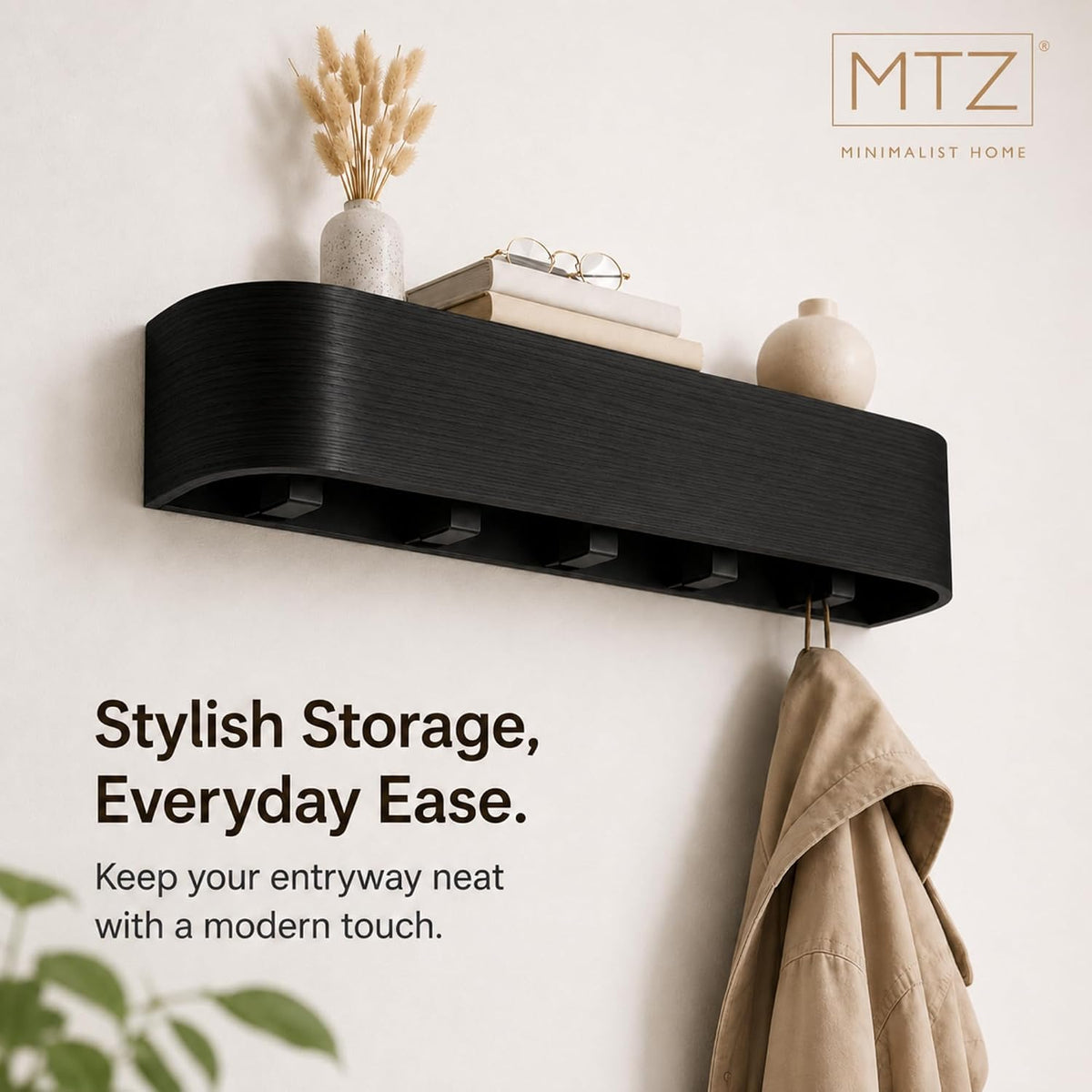 MTZ Solid Wood Wall Mounted Coat Rack with Shelf & 5 Hidden Hooks (Black) | Minimalist entryway wall hook rack for