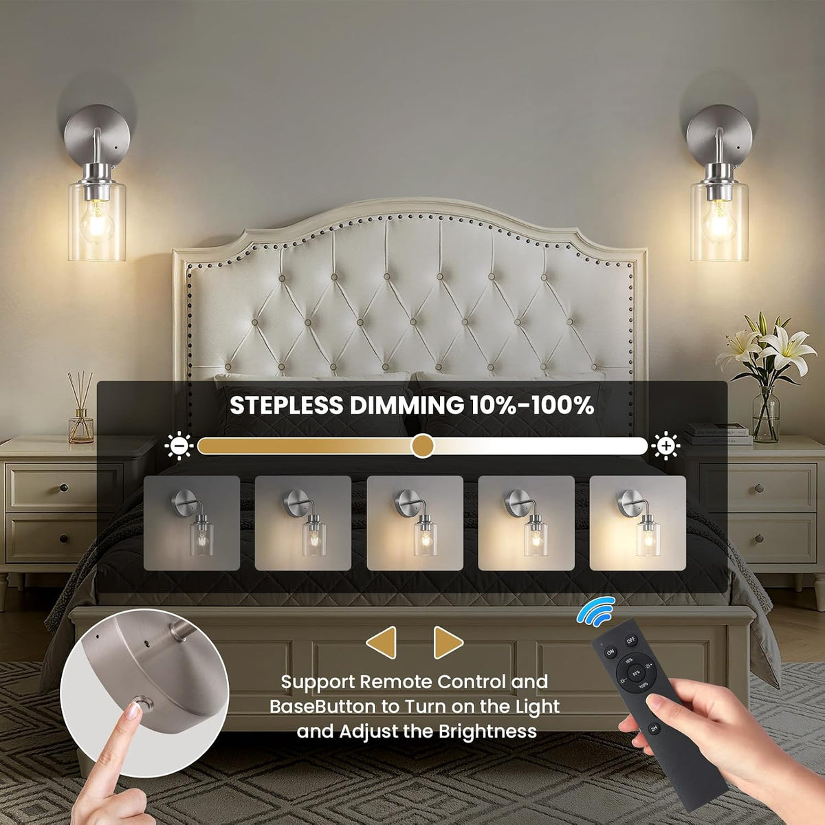 Epinl Battery Operated Wall Sconce Set of Two - Brushed Nickel Rechargeable Wireless Wall Sconces with Remote Control