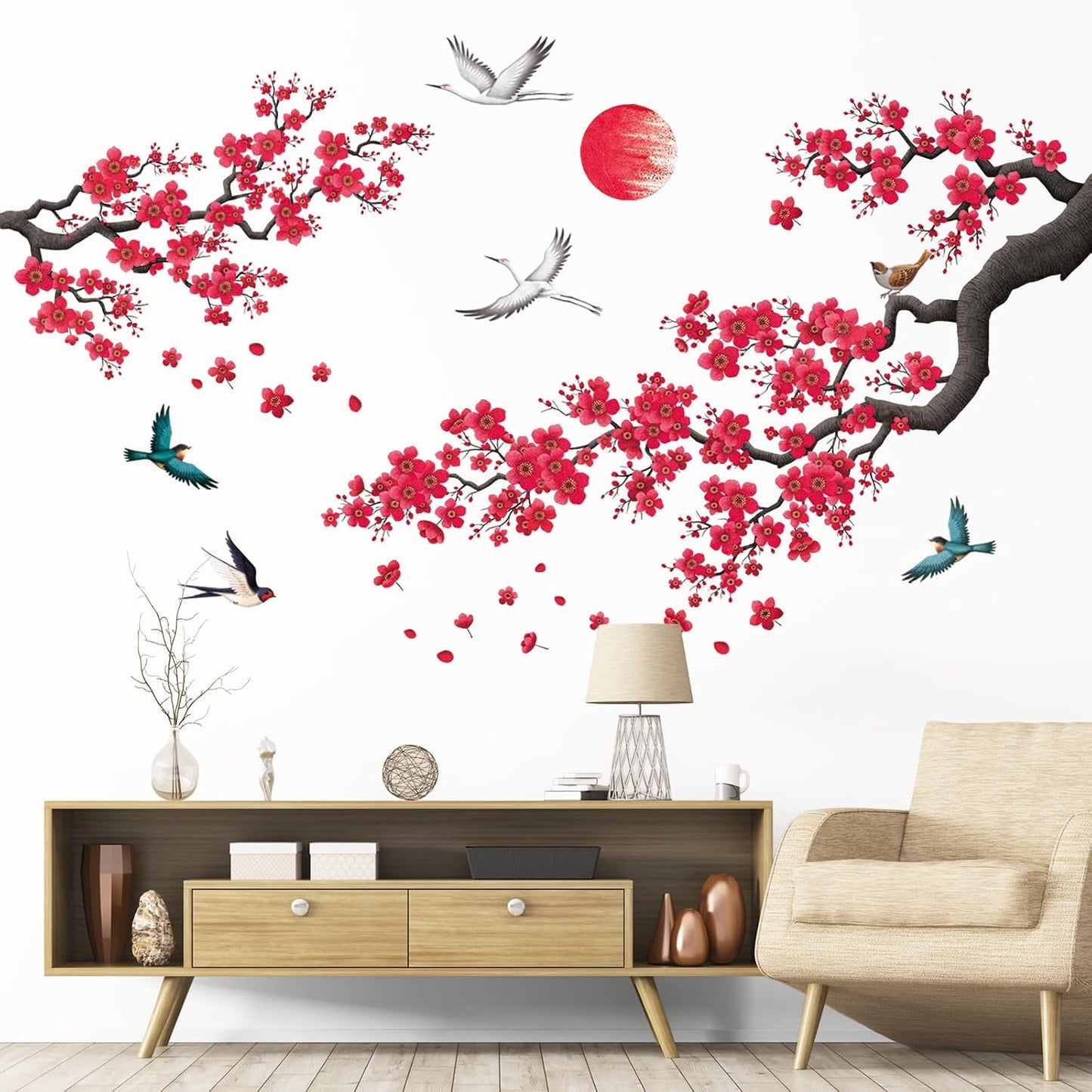 Cherry Blossom Branch Wall Decals / Red Watercolor Floral