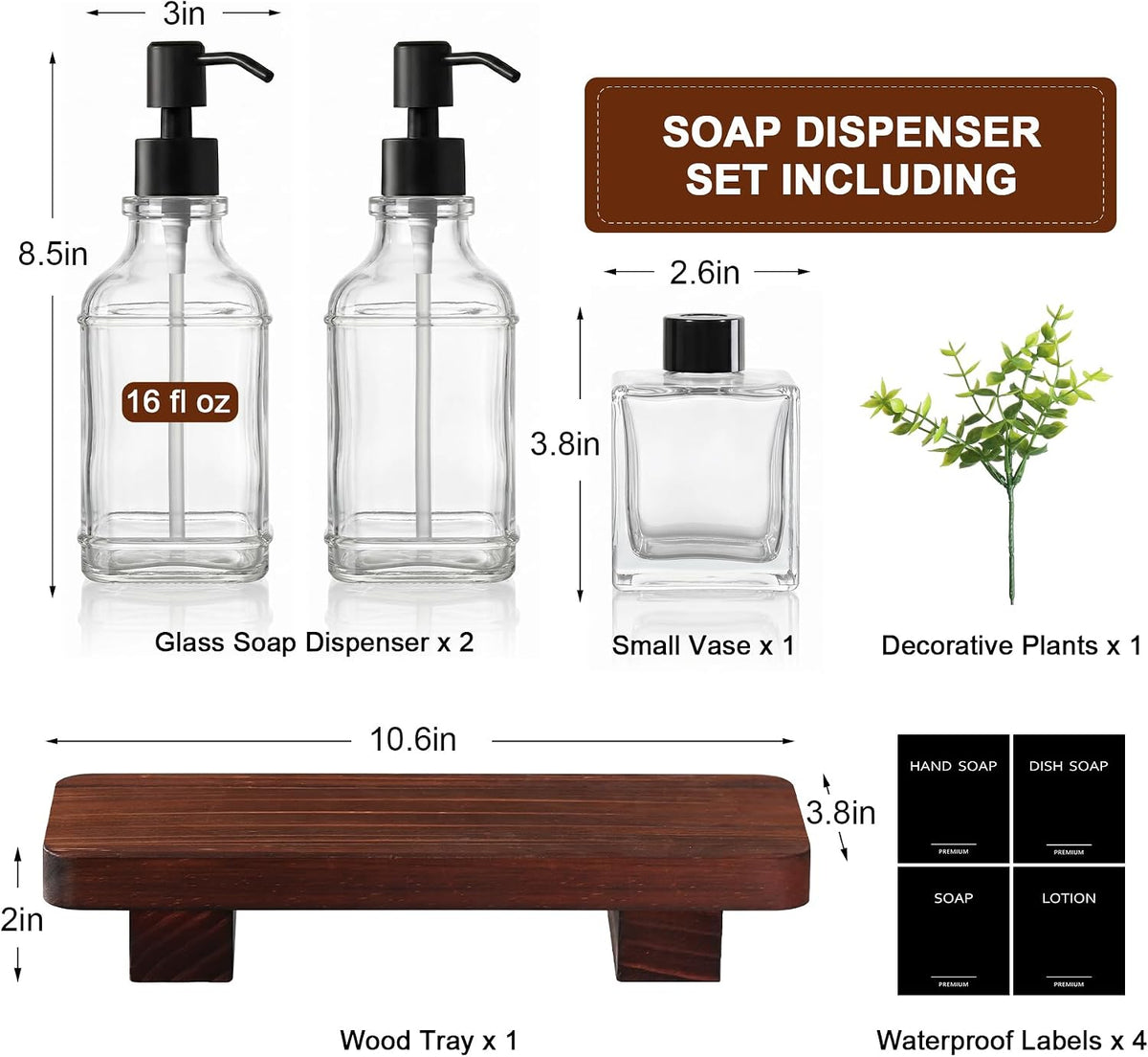 Kitchen Soap Dispenser Set with Wood Tray, Clear Glass Soap Dispenser with Pump, Decorative Hand and Dish Soap
