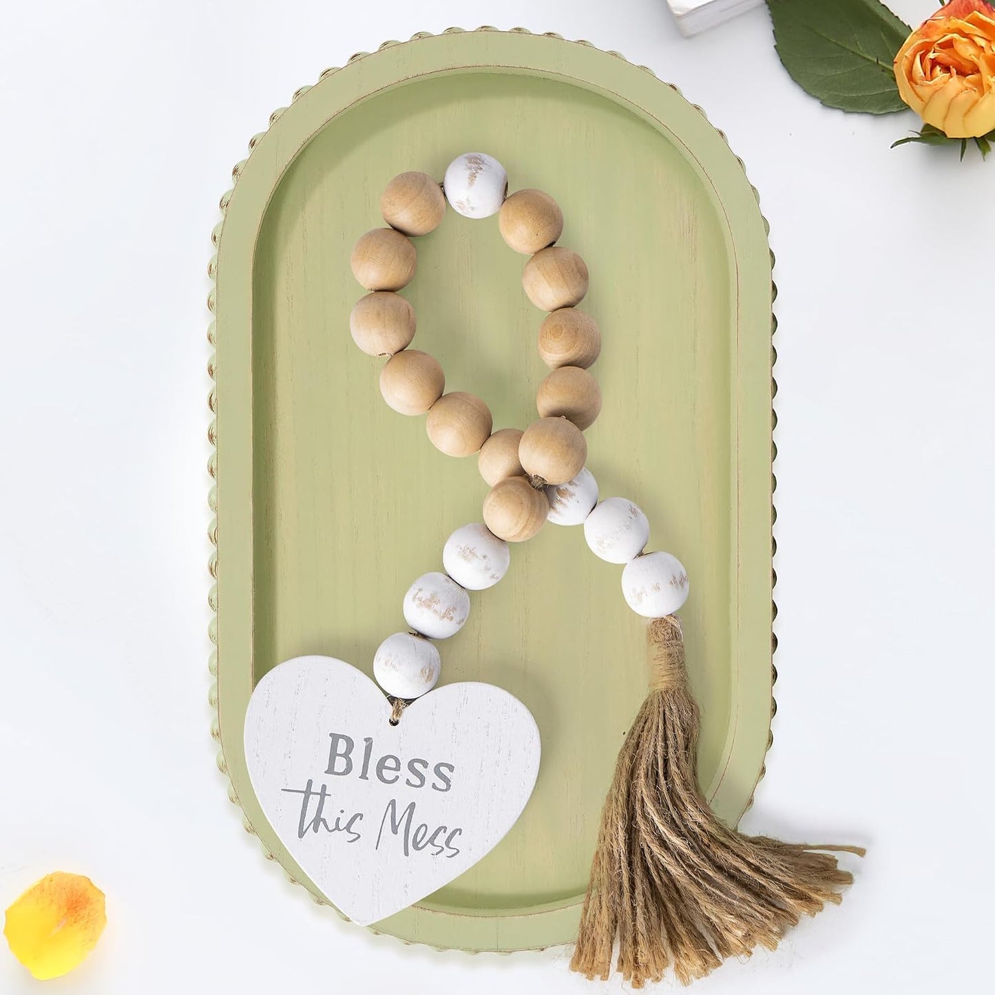 Green Wood Beaded Tray / 15inch Oval Mint Green / 15 Inch