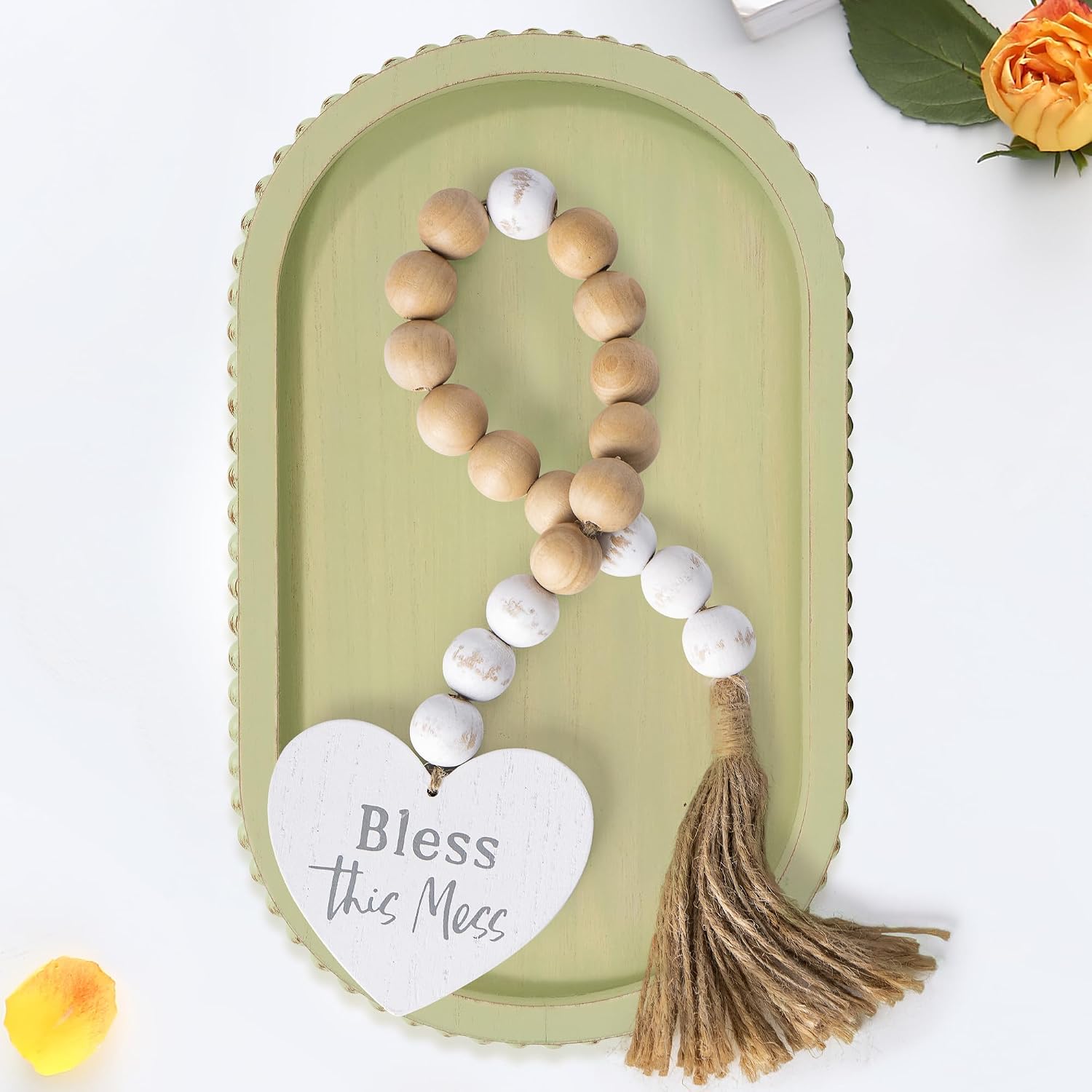 Green Wood Beaded Tray / 15inch Oval Mint Green / 15 Inch
