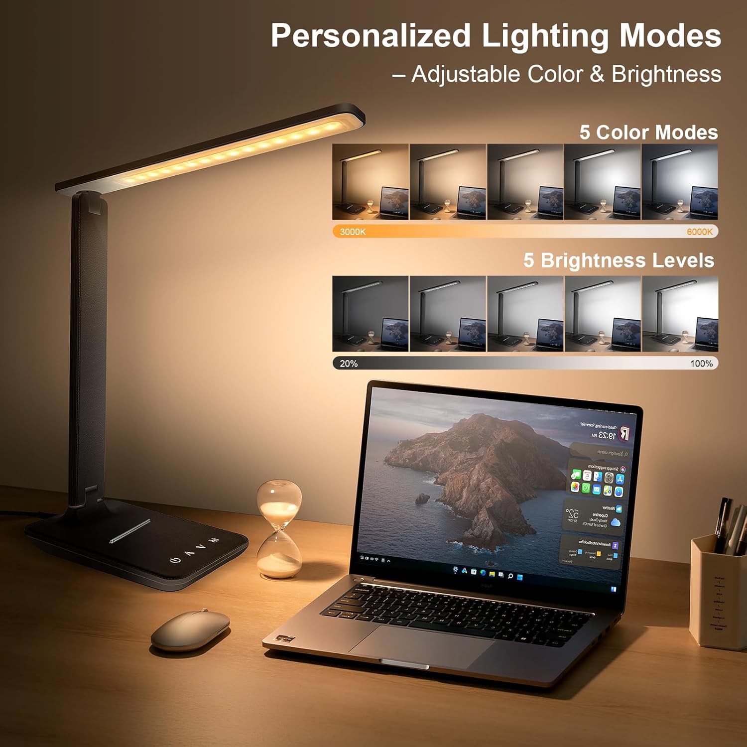 LED Desk Lamp for Office Home, Bright Desk Light with USB Charging Port, Adjustable Dimmable Desk Lamps 5 Modes 5
