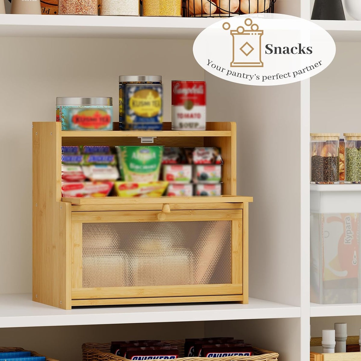 Bread Box for Kitchen Countertop, Large Bamboo Bread Storage Container with Double Layer, Bread Holder for Homemade