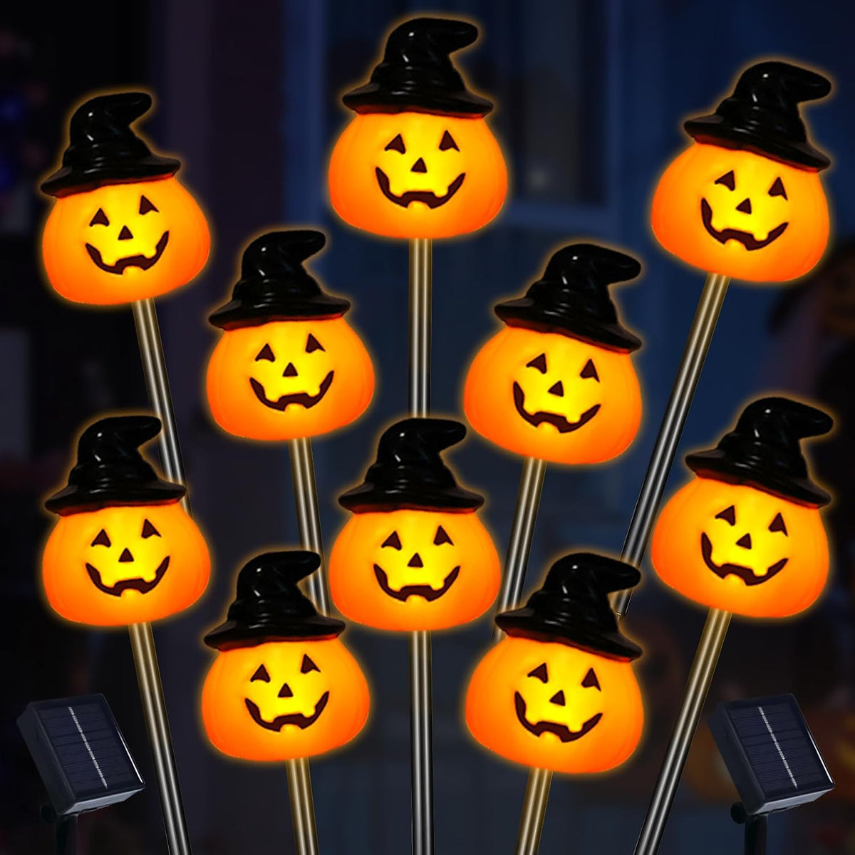 BRIGHTDECK Halloween Pumpkin Stake Lights, Set of 10 Solar Pumpkin Lights, Waterproof Halloween Decorations for Outdoor Garden and Yard (Hat Pumpkin)