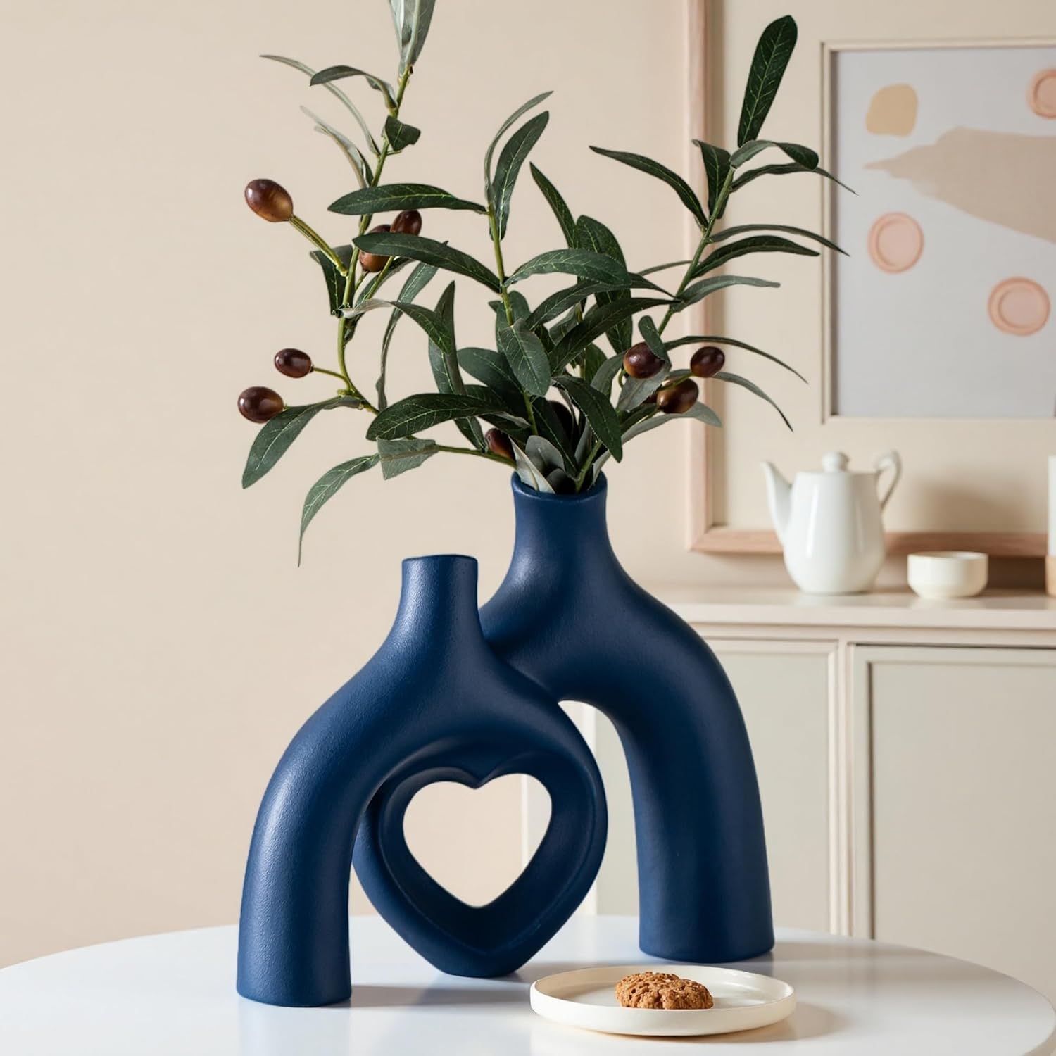 Snuggle Hollow Decorative Ceramic Vase / Heart - Navy Blue / 8.3 Inch