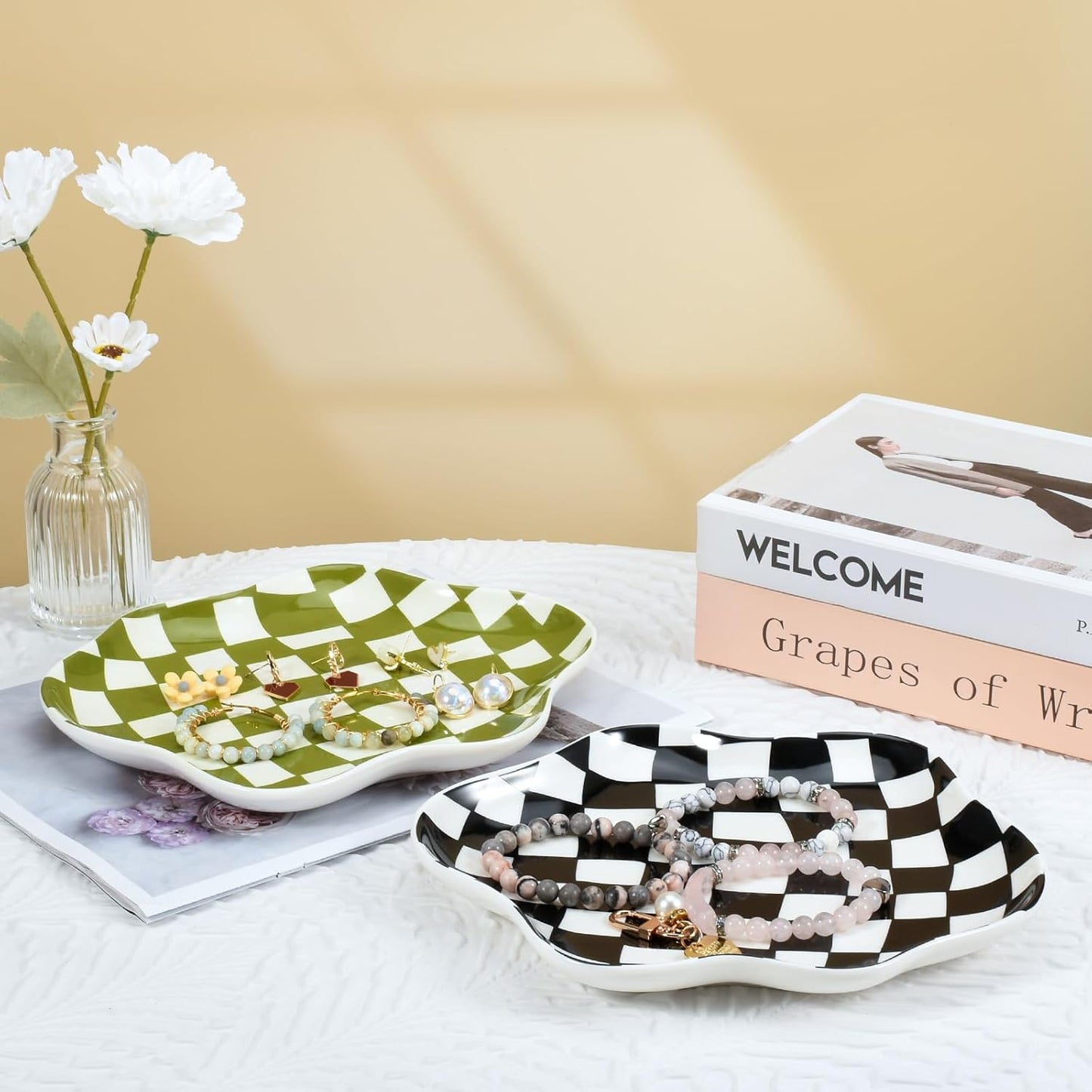 Ceramic Jewelry Dish Trinket Tray Organizer / Black and White Checkerboard