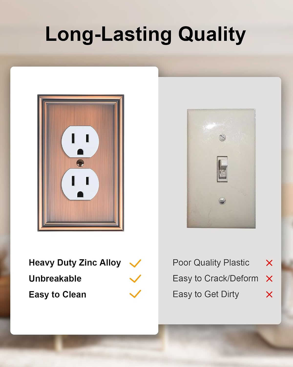 6-Pack Zinc Alloy Single Duplex Outlet Cover Plate, Solid Receptacle Cover | Decorative Switch Plates and Outlet
