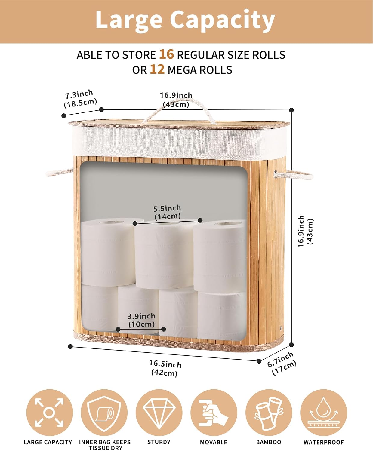 Bamboo Toilet Paper Storage with Lid & Handel, 8 Gallons (30L), Sturdy Toilet Paper Basket, Organizer for Bathroom