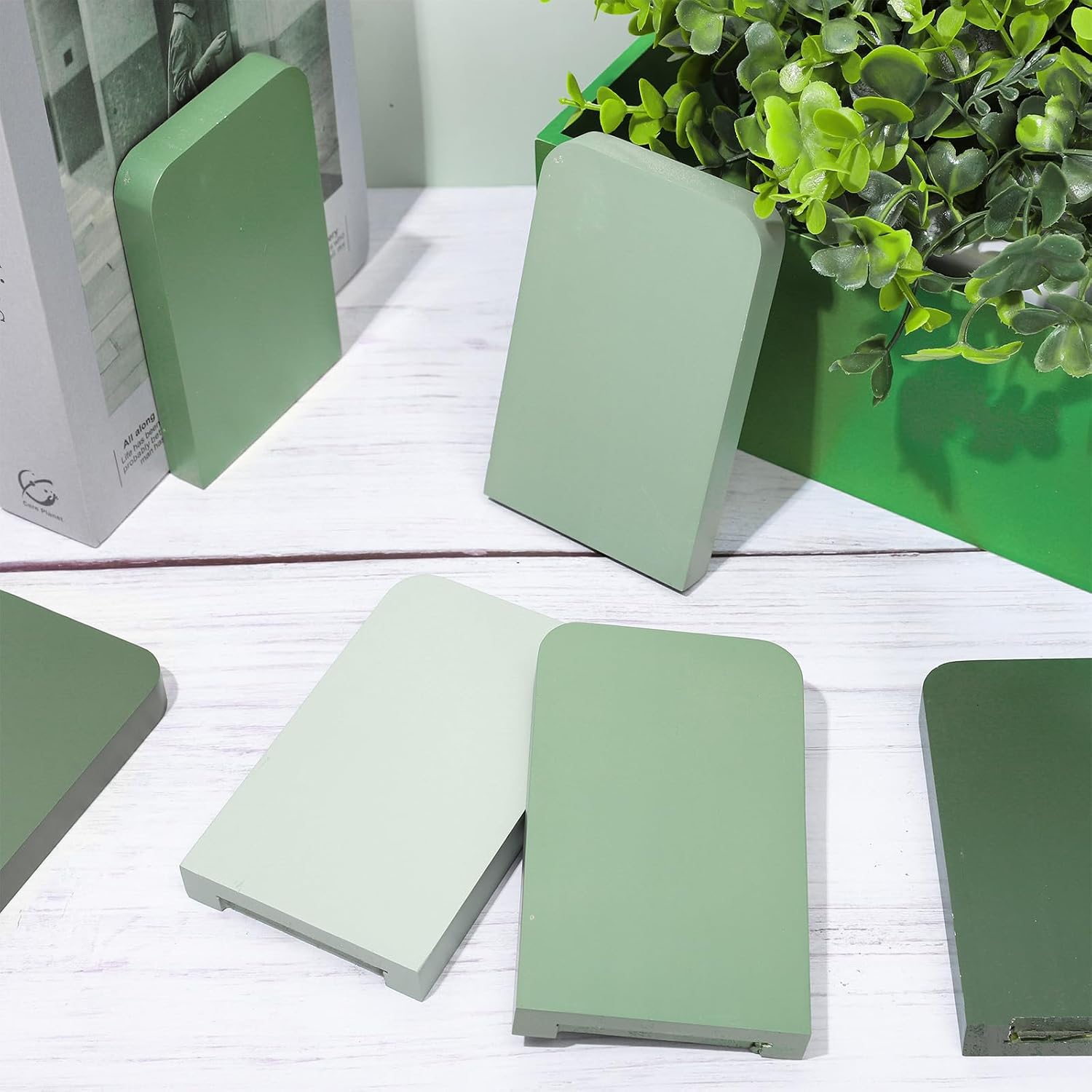 Boho Wood Bookends Gradient Green Wooden Book Stands Rustic Non Skid Book / Sage Green / Set of 6