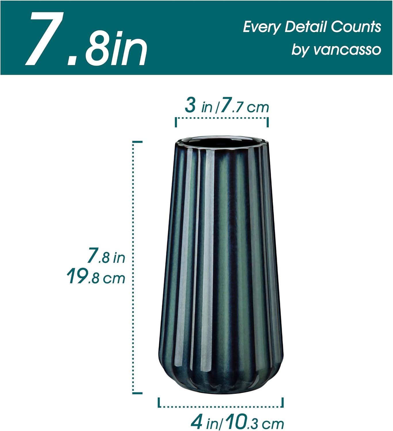 Ceramic Vase / Modern Ribbed Glossy Decorative Vase / Green / 7.8 Inch