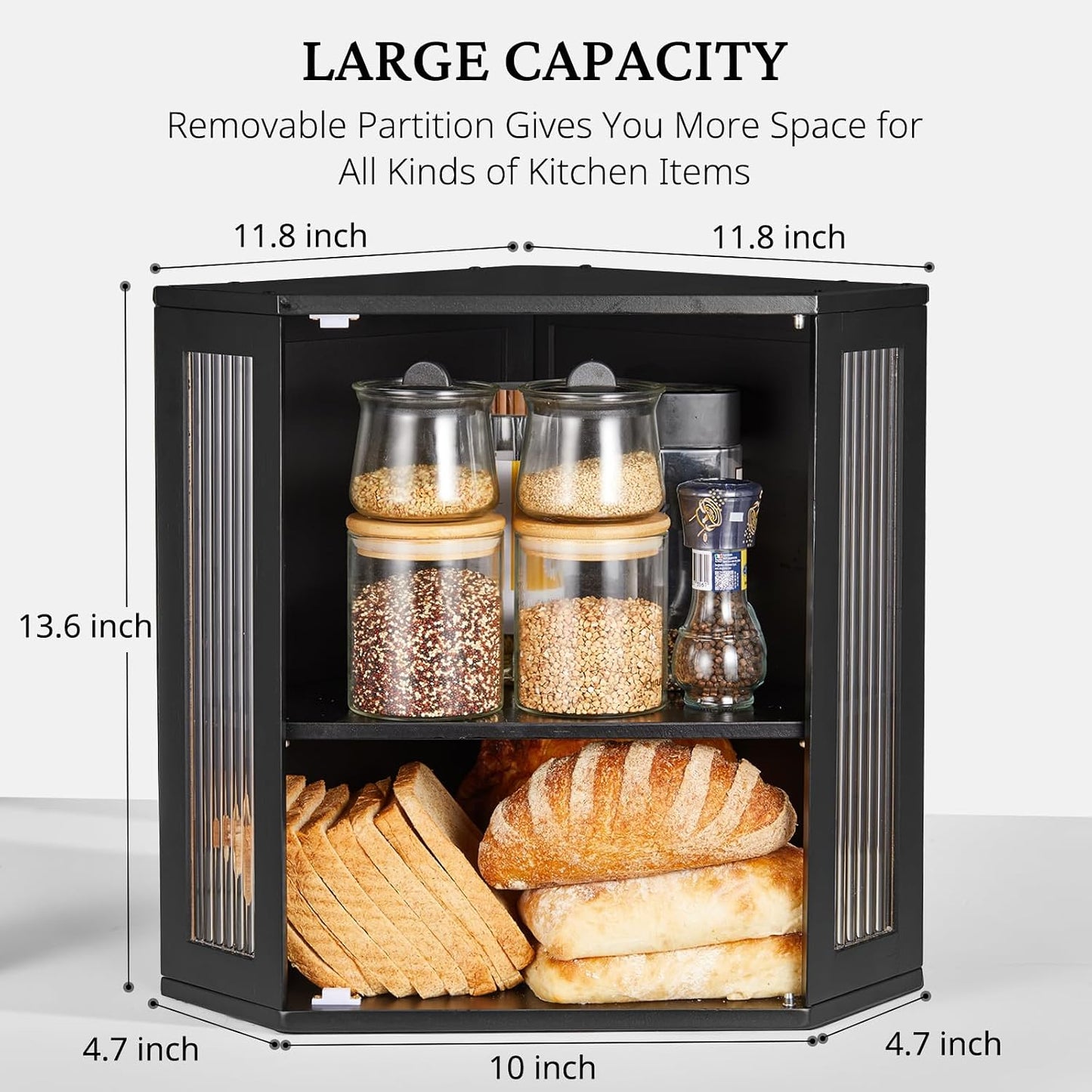 BRONYPRO Corner Bread Box for Kitchen Countertop, Double Layer Bamboo Breadbox with Adjustable Partition, Modern Bread