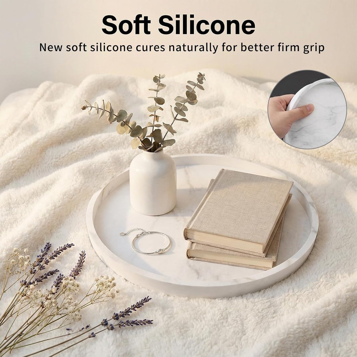 Counter Tray / Round Silicone Decorative Bathroom Vanity Tray / Marble White / 9.1 / 9.06 Inch