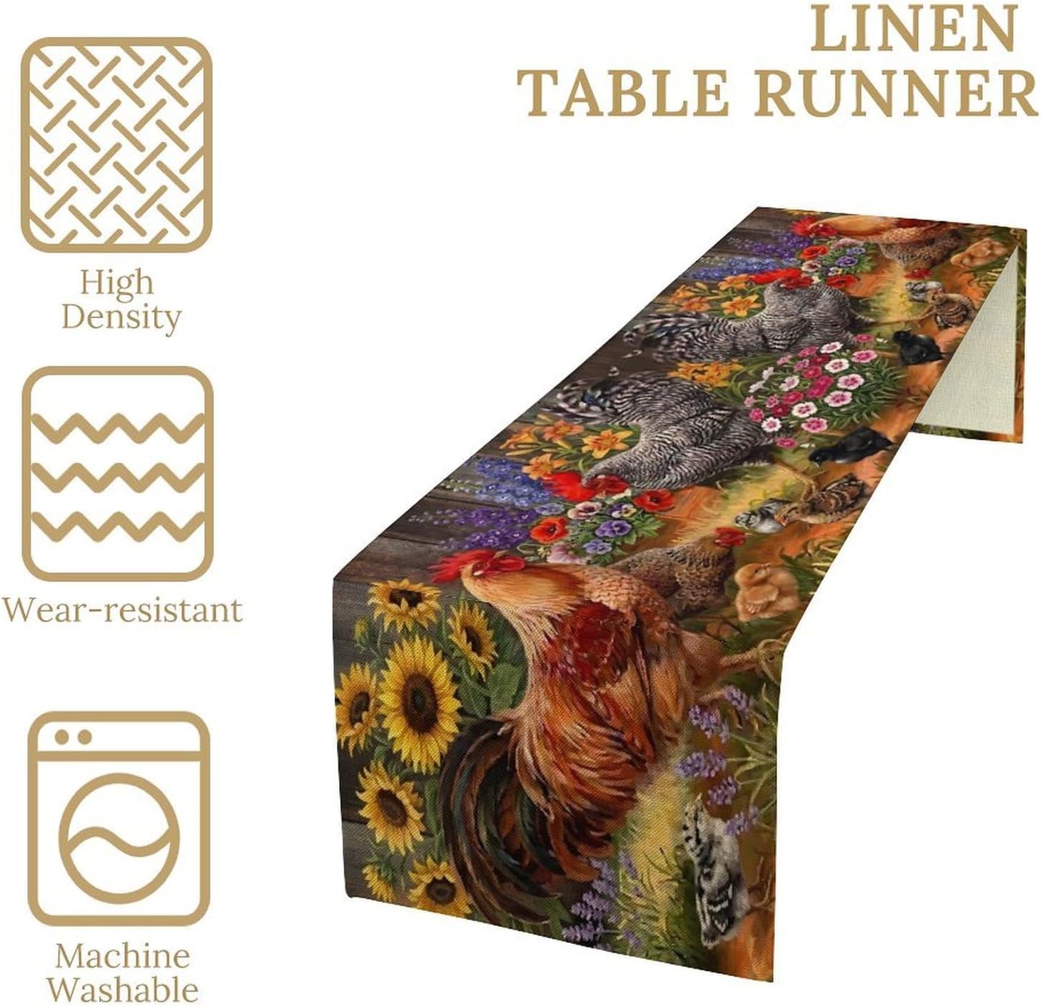 Rooster Table Runner Farm Watercolor Painting Sunflower and Chicken Pattern Printed Linen Table Runner for Home Kitchen