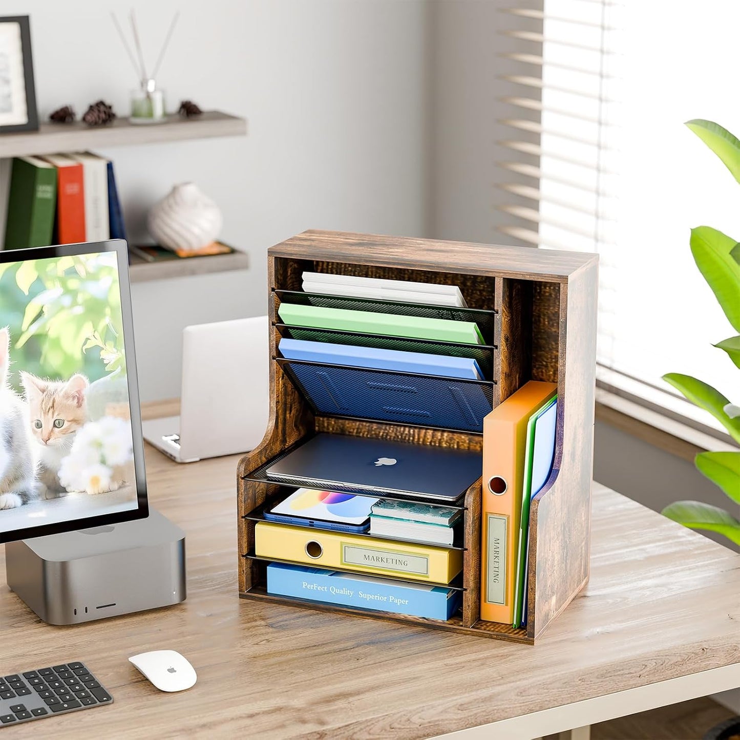 Simple Trending 7- Tier Desk File Organizer, Paper Organizer, Rustic Brown | Adjustable Letter Trays, Wooden Desk