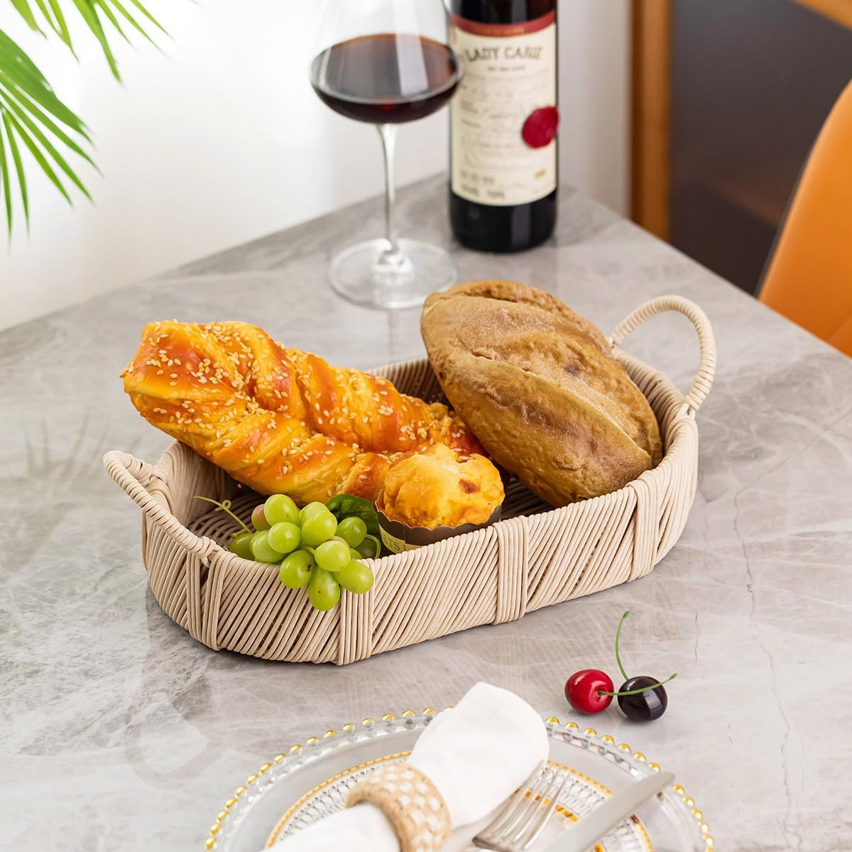 Hand-Woven Rattan-Style Storage Basket / Beige