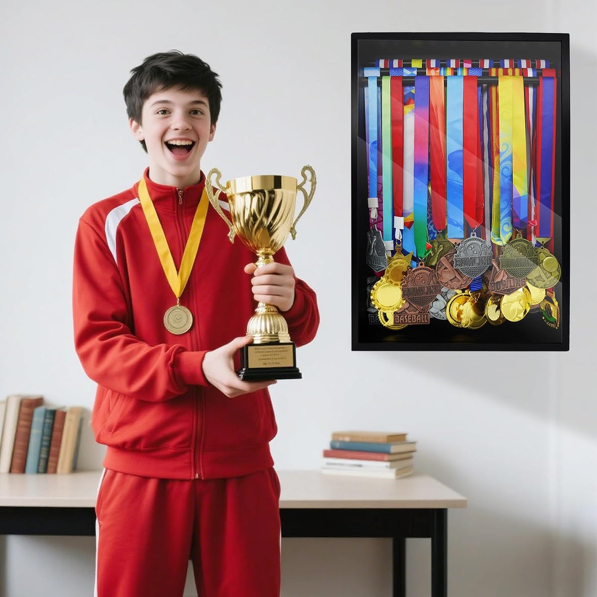 Medal Hanger Display Case, Holds 60+ Medals, HD Tempered Glass | Solid Wood Dust-Proof 22"x15" Wall Mount medal holder