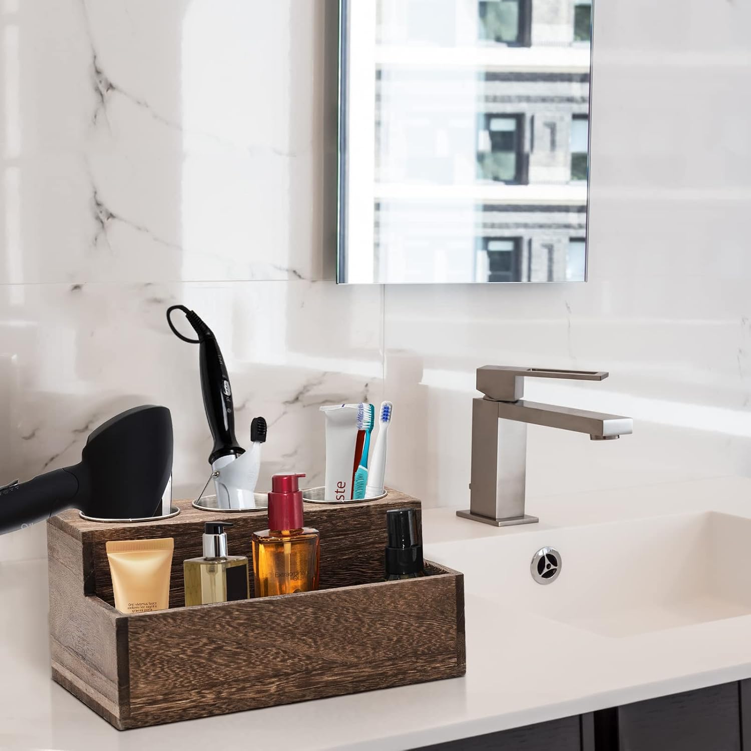 Wooden Hair Dryer Holder - Rustic Hair Tools Organizer with 3 Circular Holes and 1 Compartment, Wooden Hair Accessories