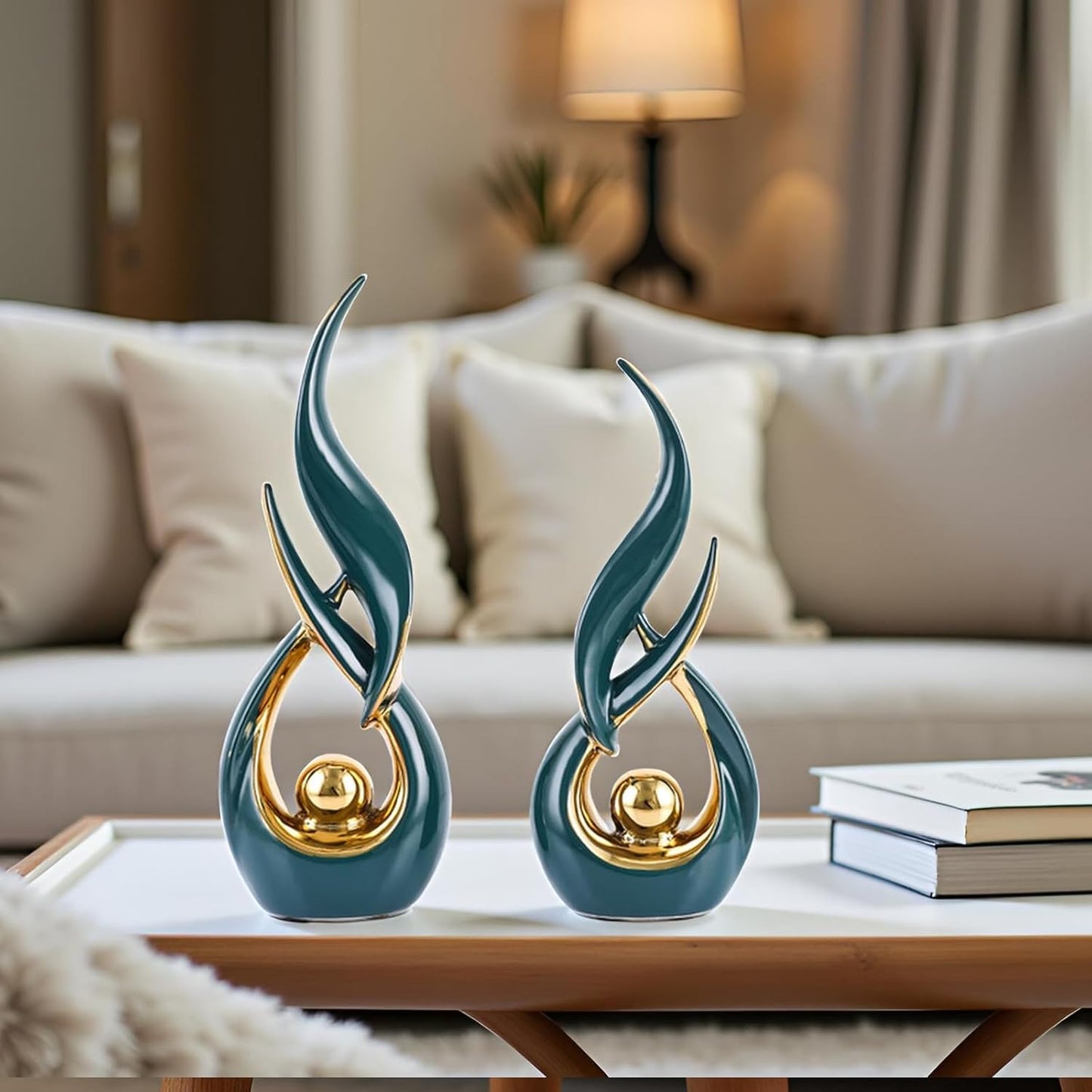 Gold Ceramic Abstract 2 Piece Statue Set / Green