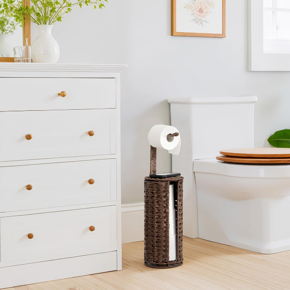 GRANNY SAYS Wicker Free Standing Toilet Paper Holder Stand with Storage | Modern Covered Toilet Paper Stand for 4 Rolls