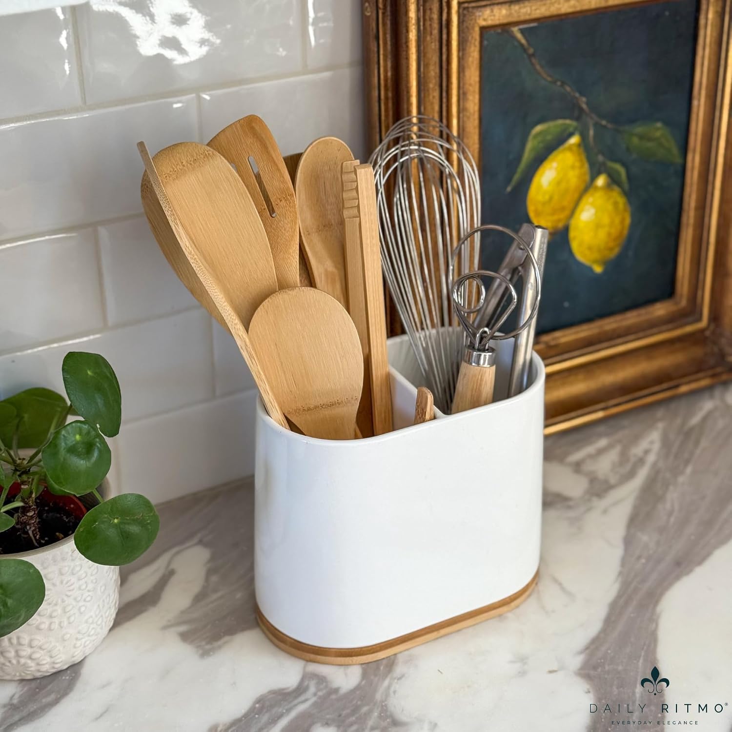 DAILY RITMO® White Large Oval Utensil Holder with Bamboo Wooden Base