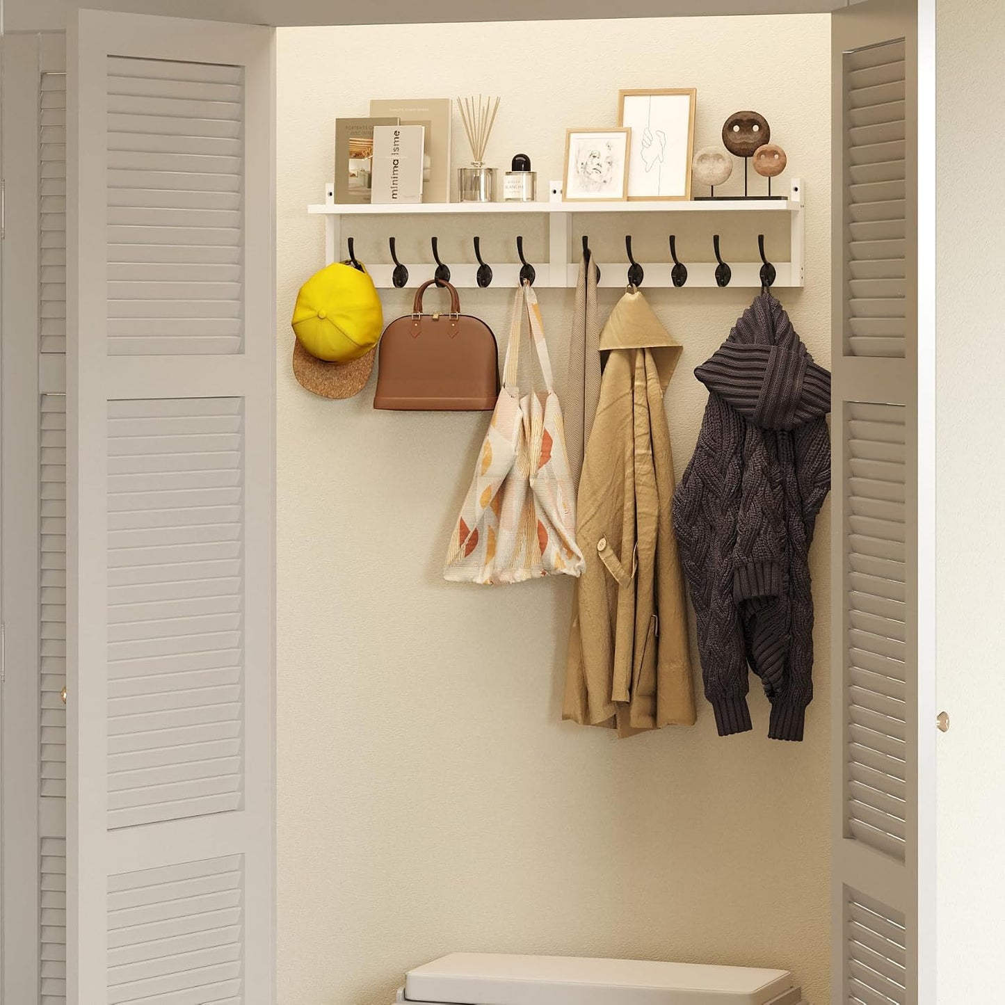 AMBIRD 34.2" L Wooden Wall Coat Hooks with Shelf - Versatile and Decorative Wall-Mounted Storage - 10 Hooks for Hanging