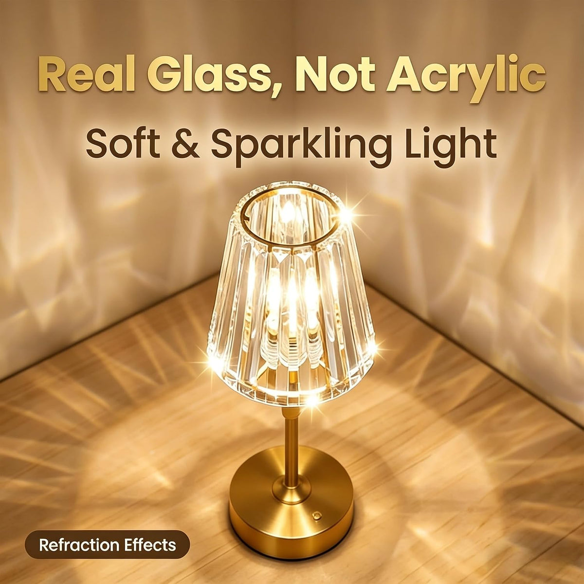 Small Cordless Rechargeable Touch Table Lamp, Gold | 5200mAh USB-C, Dimmable Warm Crystal Light, Portable Decor for