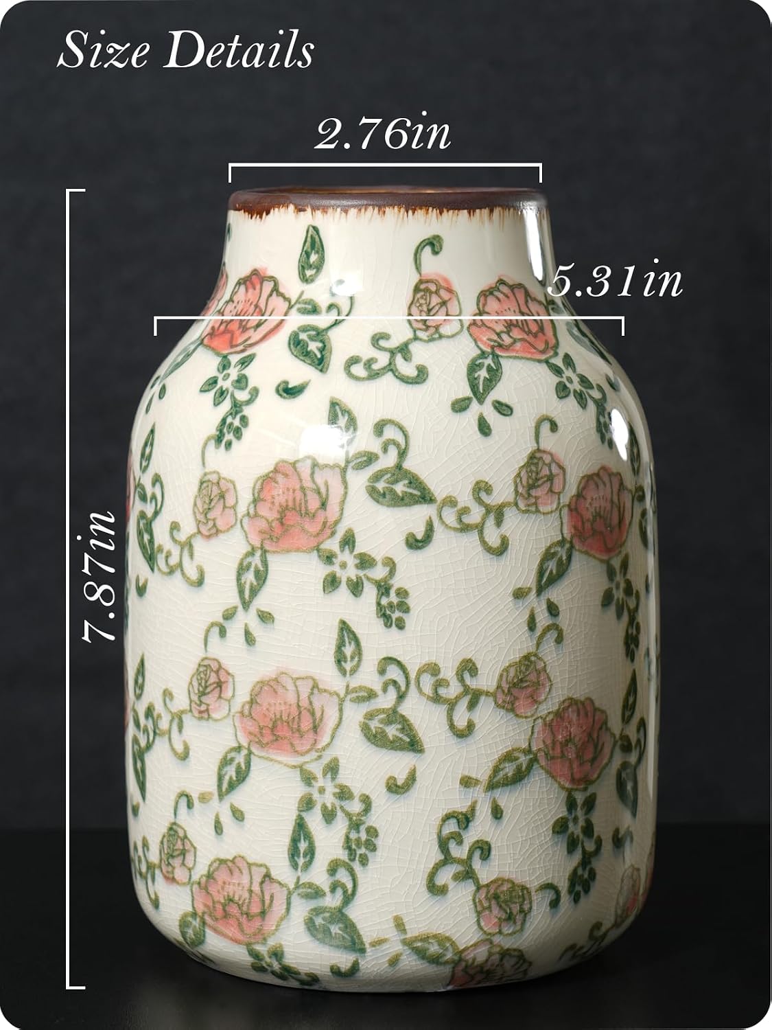 Vintage Ceramic Vase / Beige and Red-002 / 7.8 Inch