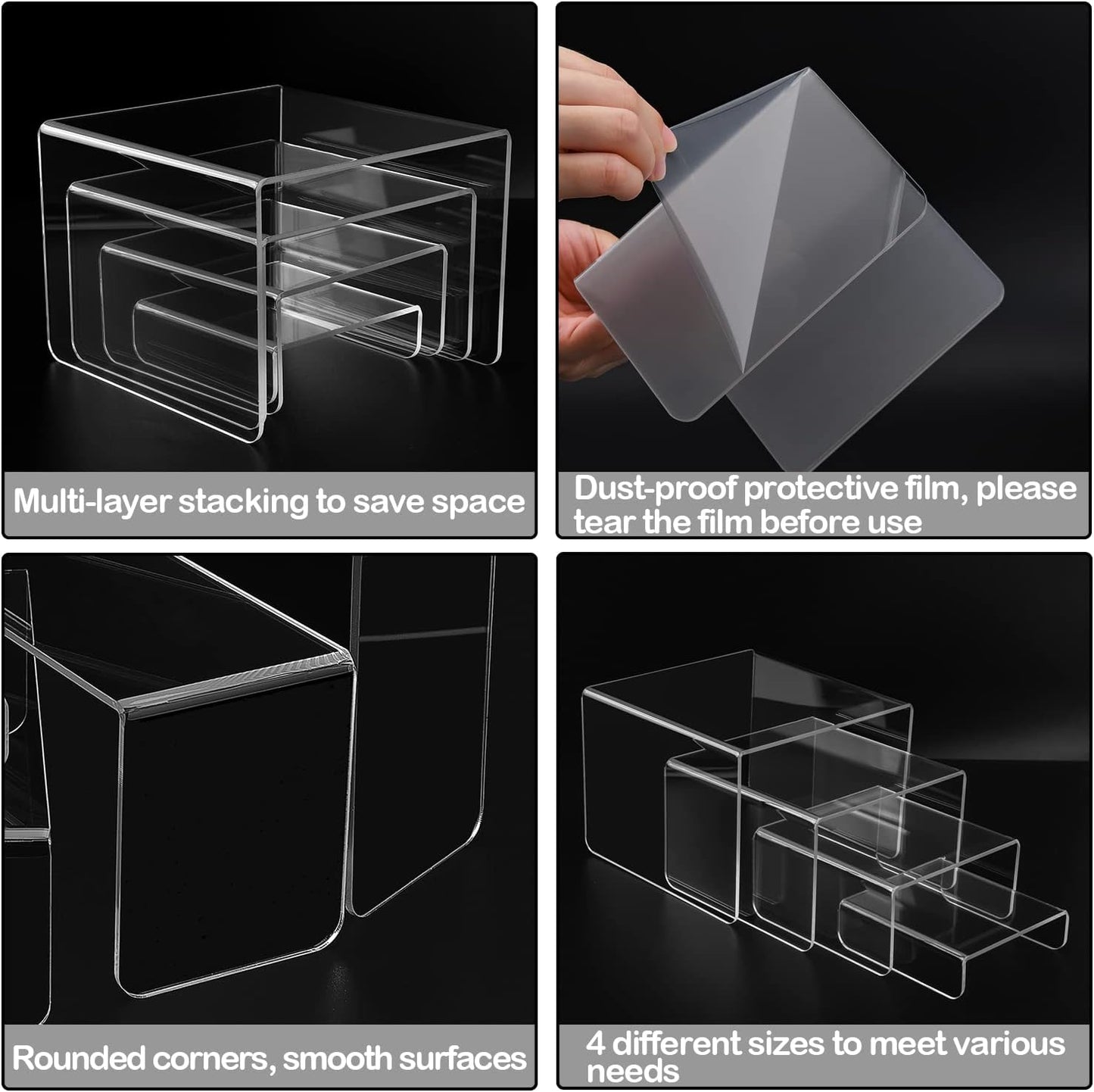 MerryNine Clear Acrylic Risers Display Stands Multi-Size | 8-Piece Set, Square, 4"~6.3", Ideal for Retail, Cupcakes
