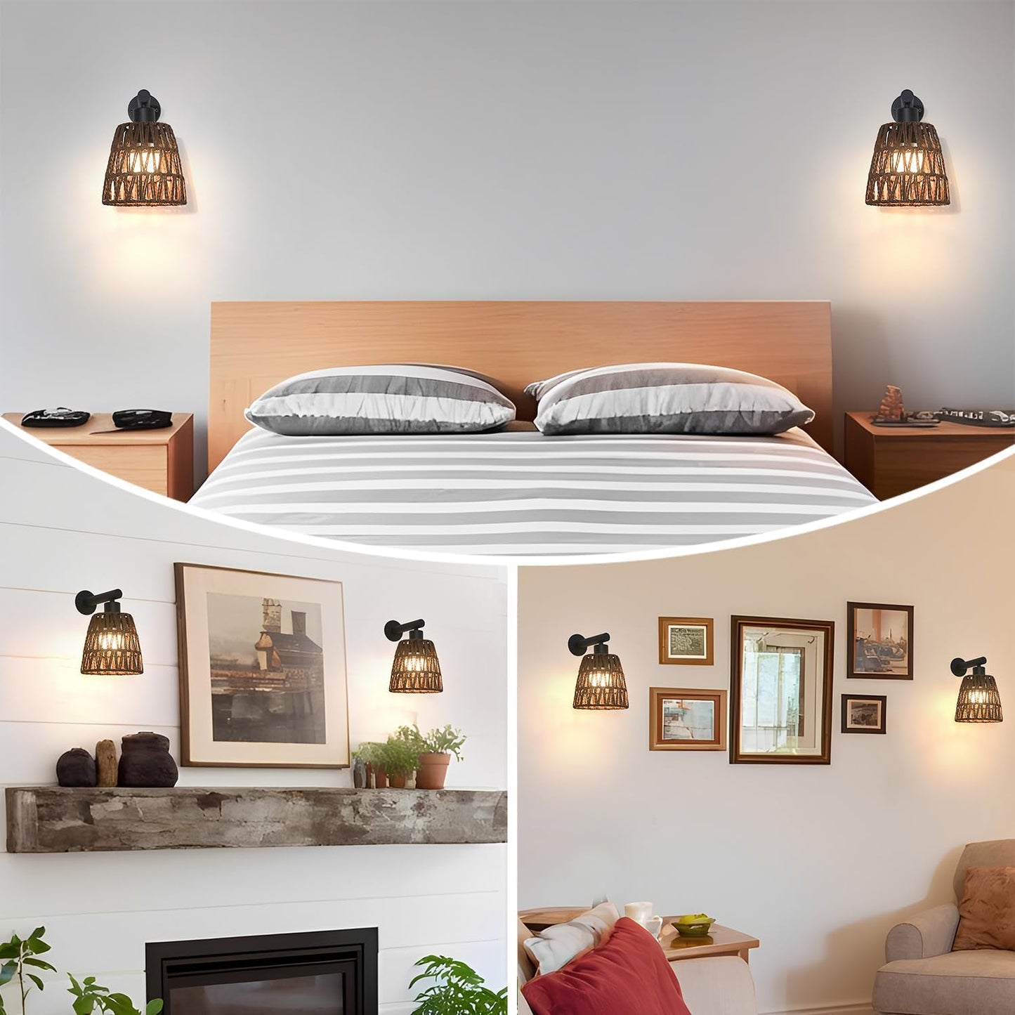 Boho Battery Operated Wall Sconce Set of 2, Brown Rattan Rechargeable Wall Lights with Dimmable Bulbs and Remote,15