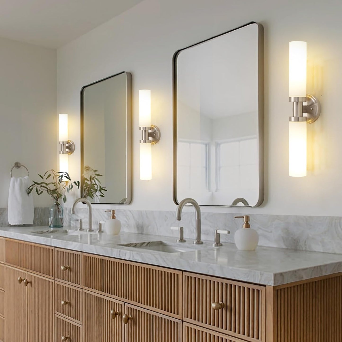 Brushed Nickel Bathroom Light Fixtures, 2-Light Vanity Lights W/White Glass Shade, Modern Sconces Wall Lighting for