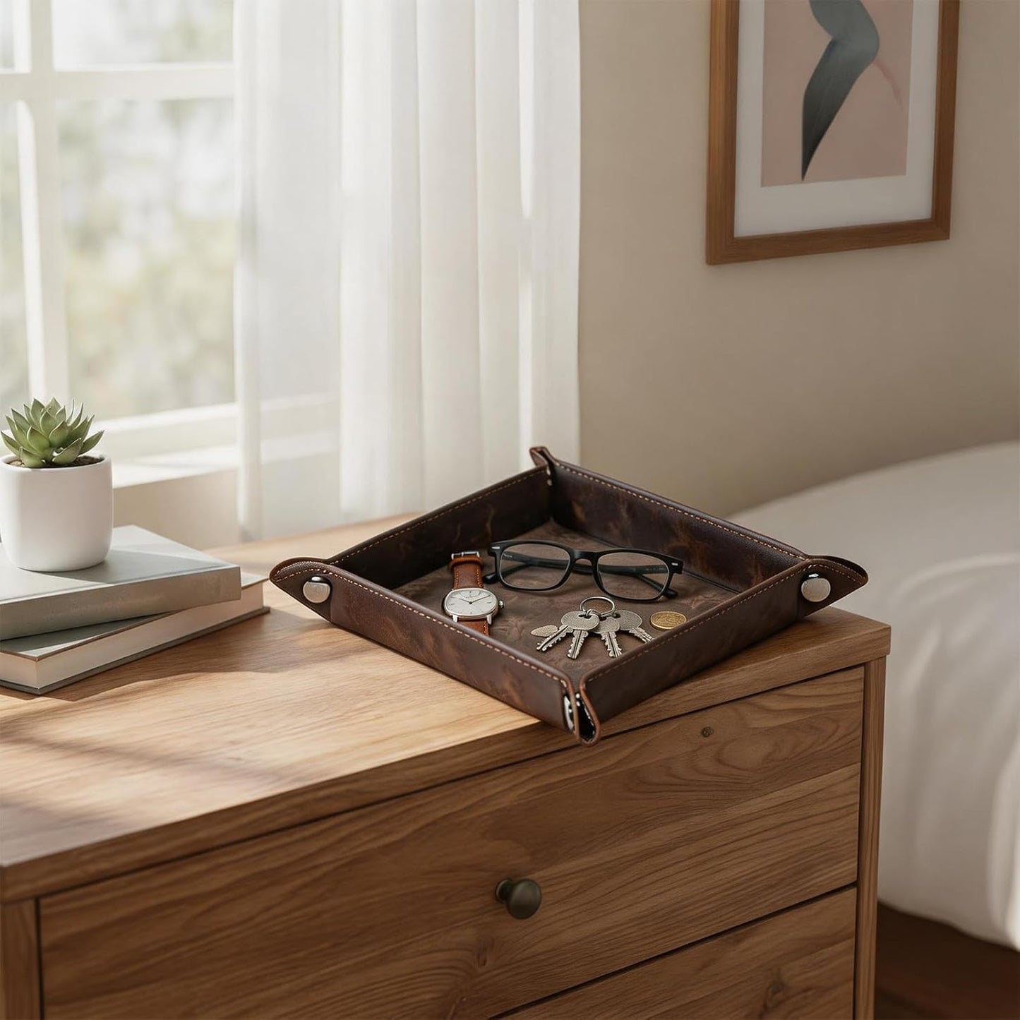 Vegan Leather Catchall Bedside Vanity Tray Nightstand Caddy Holder for Remote / Marble Brown