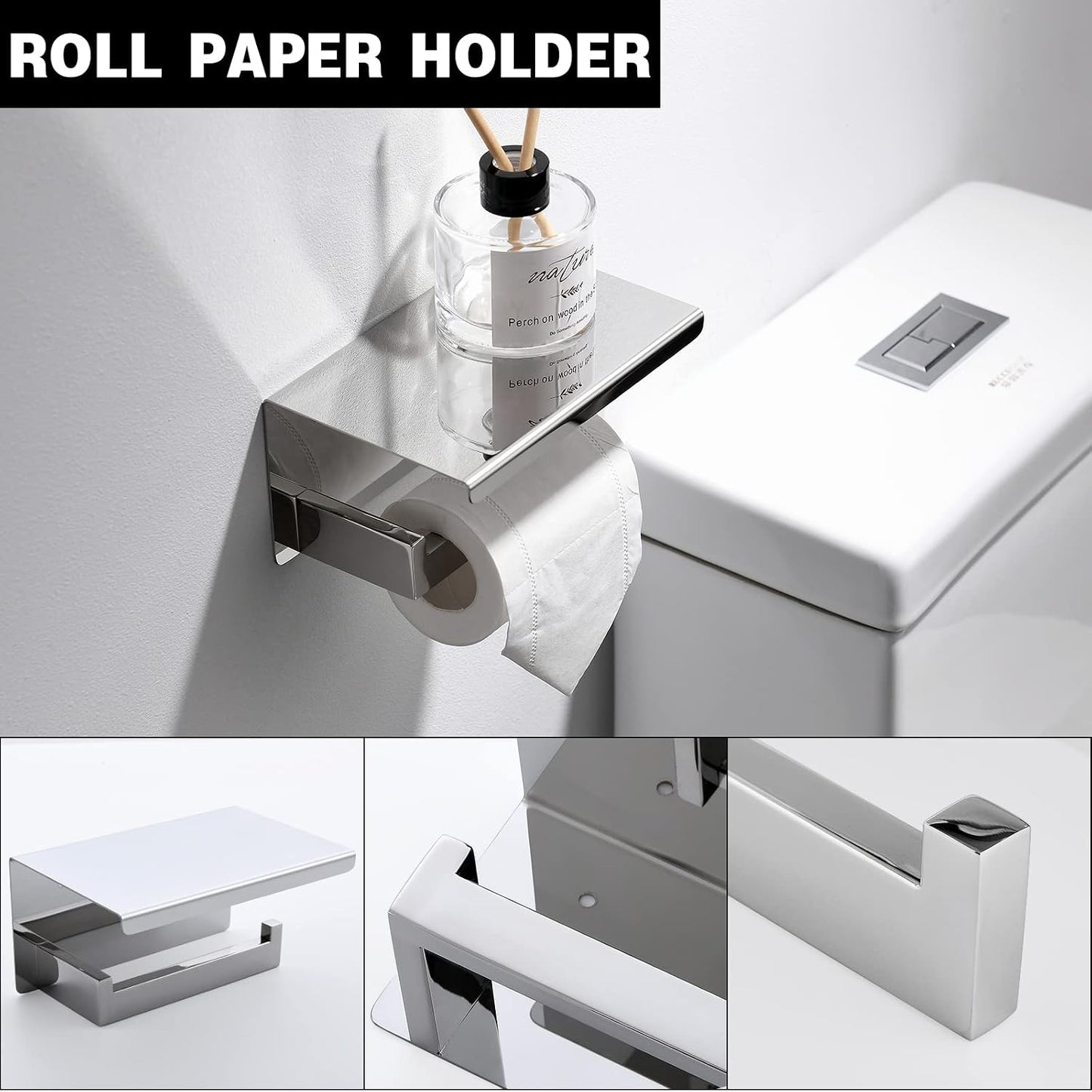 Bathroom Towel Bar Set Toilet Paper Holder with Shelf, Polished Chrome Bathroom Accessories Set, 23.6 Inch Towel Bar