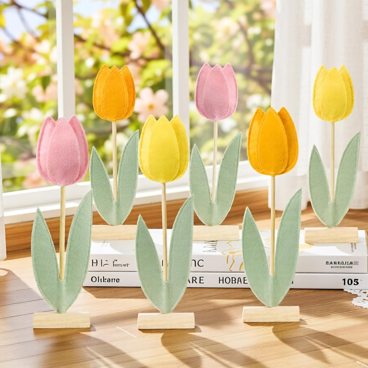 SUNBEAUTY 6Pc Tulips Flower Table Decoration Tulip Felt Centerpiece Pink Yellow Orange Mothers Day Decorations Tabletop Signs for Easter Garden Home Party Classroom Teacher Table Decor
