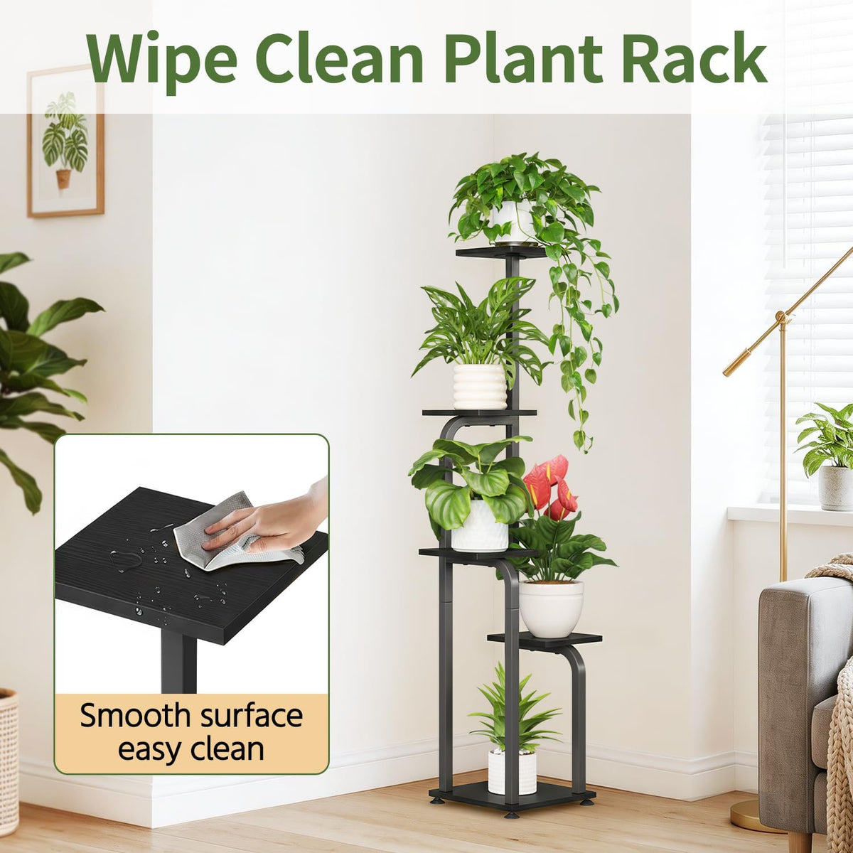 LASZOLA Plant Stand Shelf Tall for Indoor Corner Flower Rack, 5 Tier Black | Modern Multiple Display with Wooden Tray