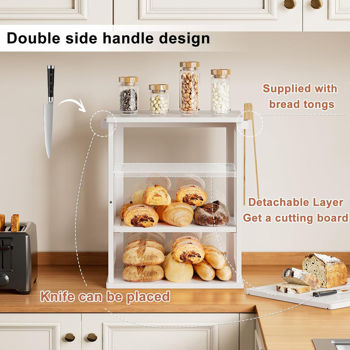 WOWLIVE Bread Box for Kitchen Countertop, 3 Layers Bread Storage Container | Large Bamboo Bread Bin for Homemade Bread